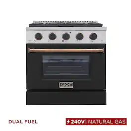 Kucht - 30" Dual Fuel Range for NG, SS/Black Door, Black Knobs, Rose Gold Handle & Rings, Convection Oven - Black & Rose Gold
