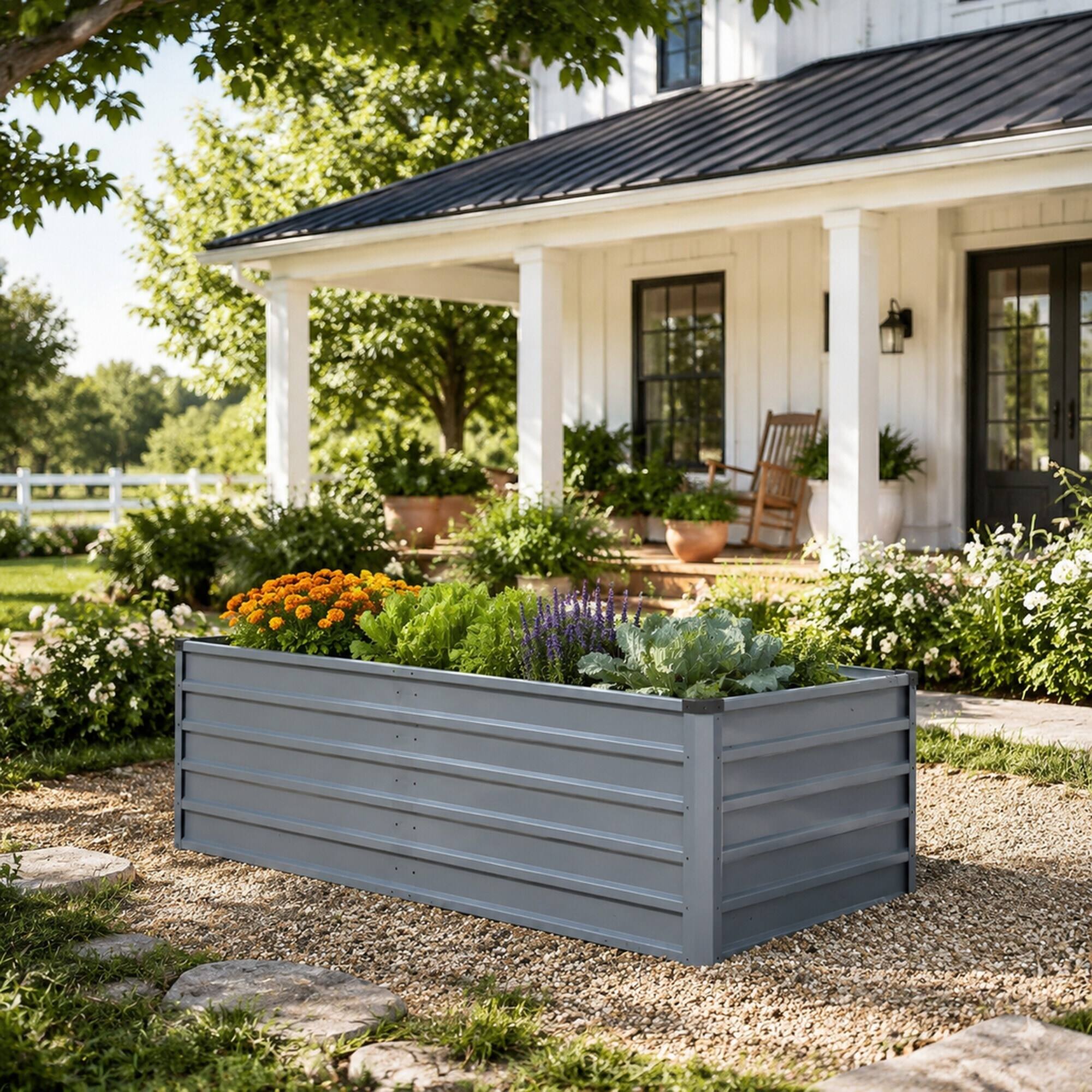 Left. RYHNUYNE - Large 6x3x2ft Raised Garden Bed Kit 2 Pack Grey Galvanized Metal Planter Boxes for Vegetables Flowers Herbs - Grey.