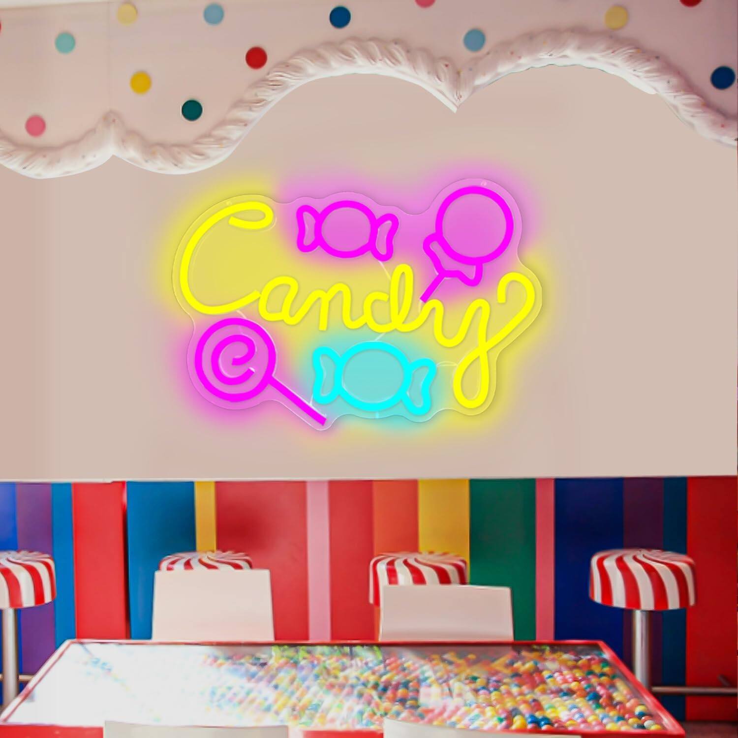 Sweet Shop Logo Is Neon Style. Candy Shop Neon Sign, Banner Light Bright Neon Night Sweets Advertising Design Template Sweet Shop Image110518397