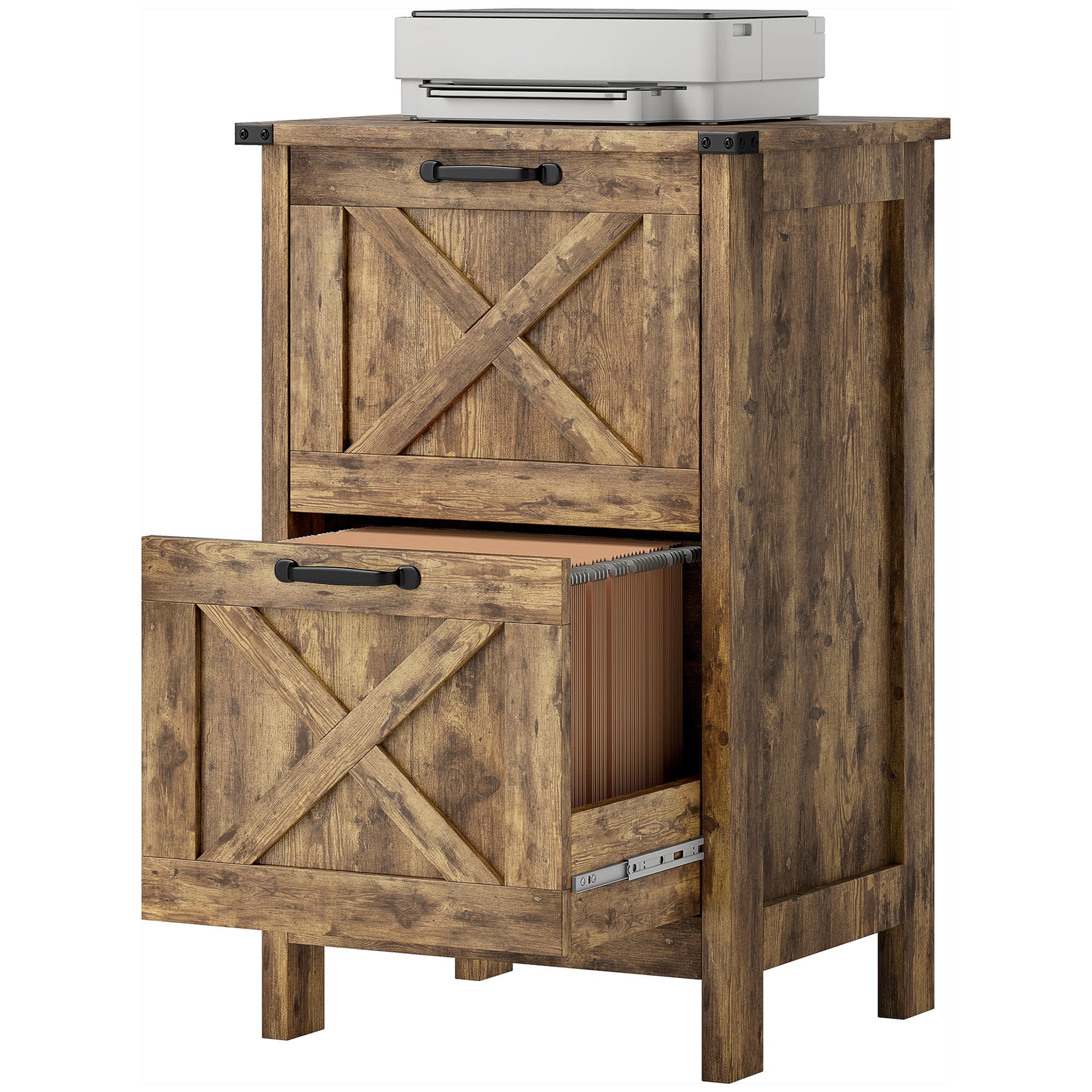Homcom - File Cabinet with 2 Drawers, Rustic Farmhouse Office Storage Cabinet for A4, Letter Size