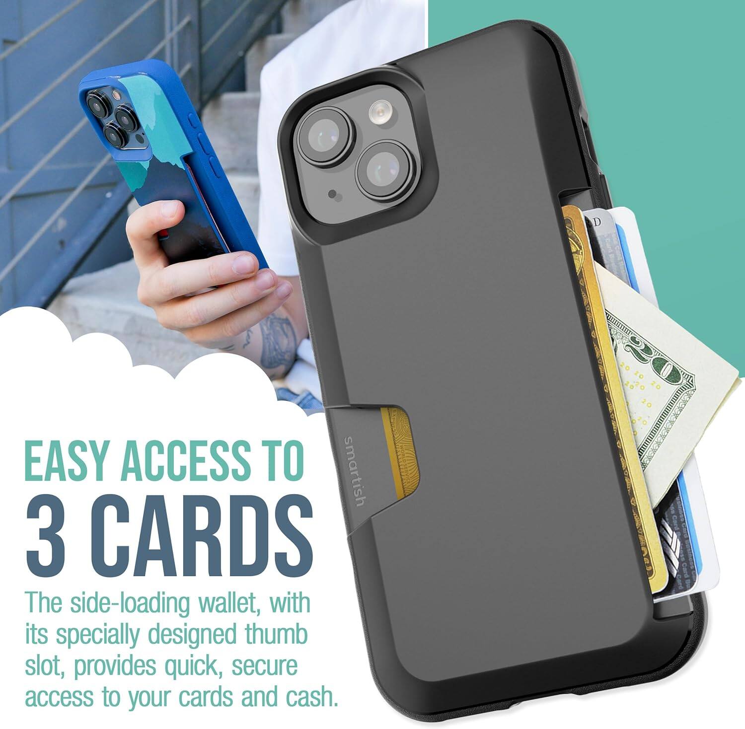 EASY ACCESS TO 3 CARDS

The side-loading wallet, with its specially designed thumb slot, provides quick, secure access to your cards and cash.