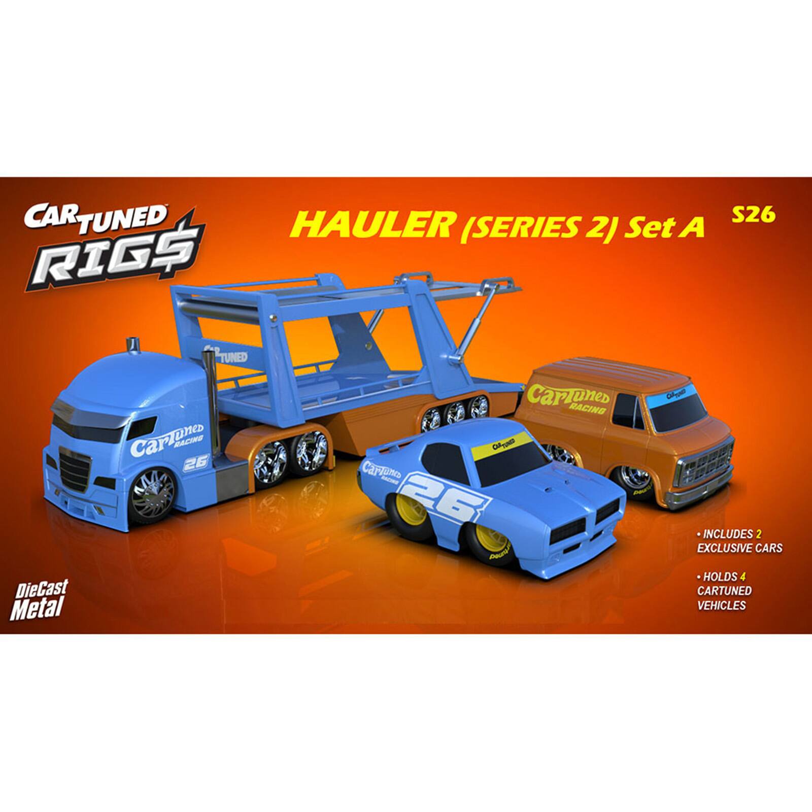 CAR TUNED RIGS  
HAULER (SERIES 2) Set A  
S26  
DieCast Metal  
TUNED CarTomo RACING  
CARTUNED VEHICLES  
INCLUDES 2 EXCLUSIVE CARS  
HOLDS 4 CARTUNED VEHICLES