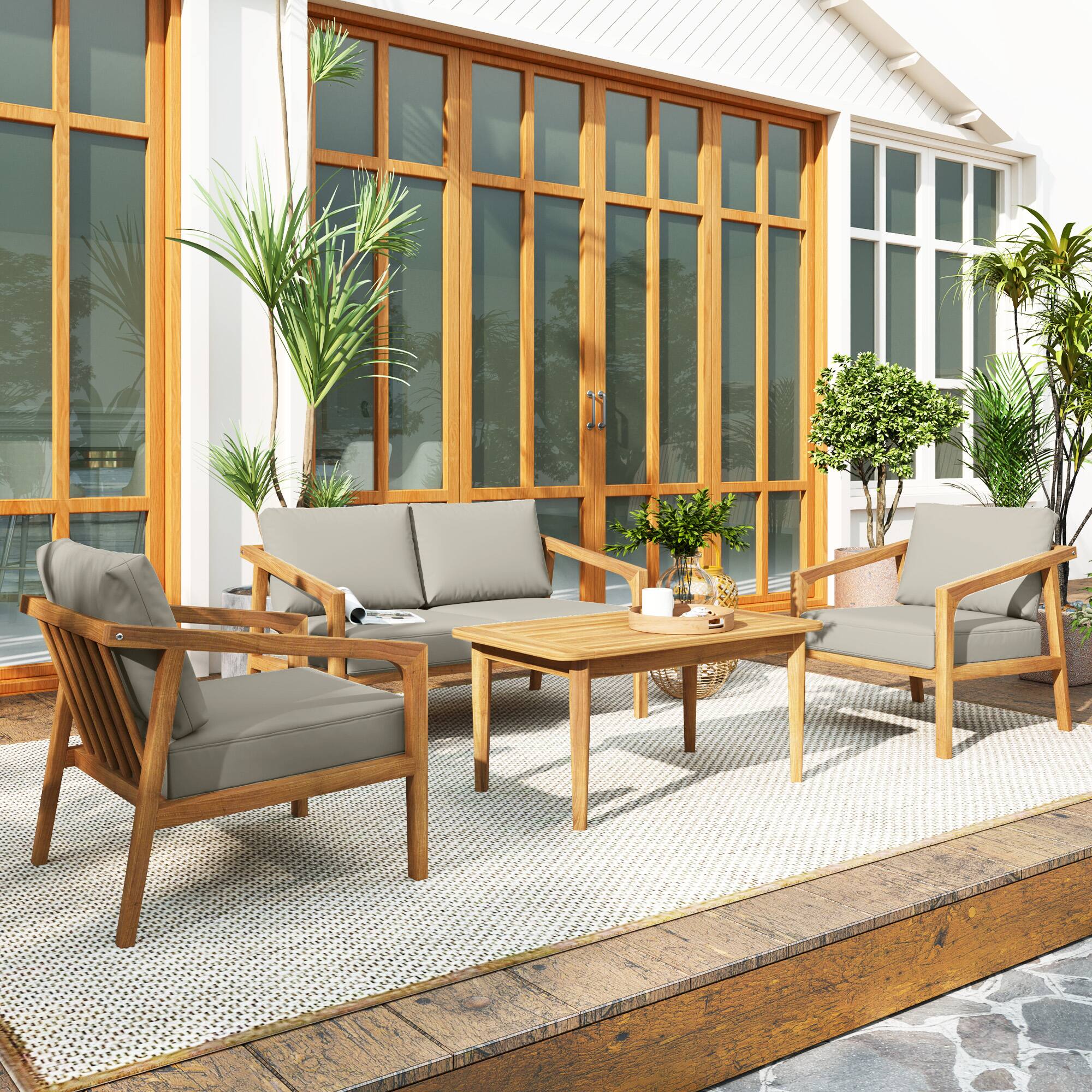 Alt View 8. Outsunny - 4 Pieces Acacia Wood Patio Furniture Set, Outdoor Sofa Loveseat & Chairs with Thickened Cushions - Teak.