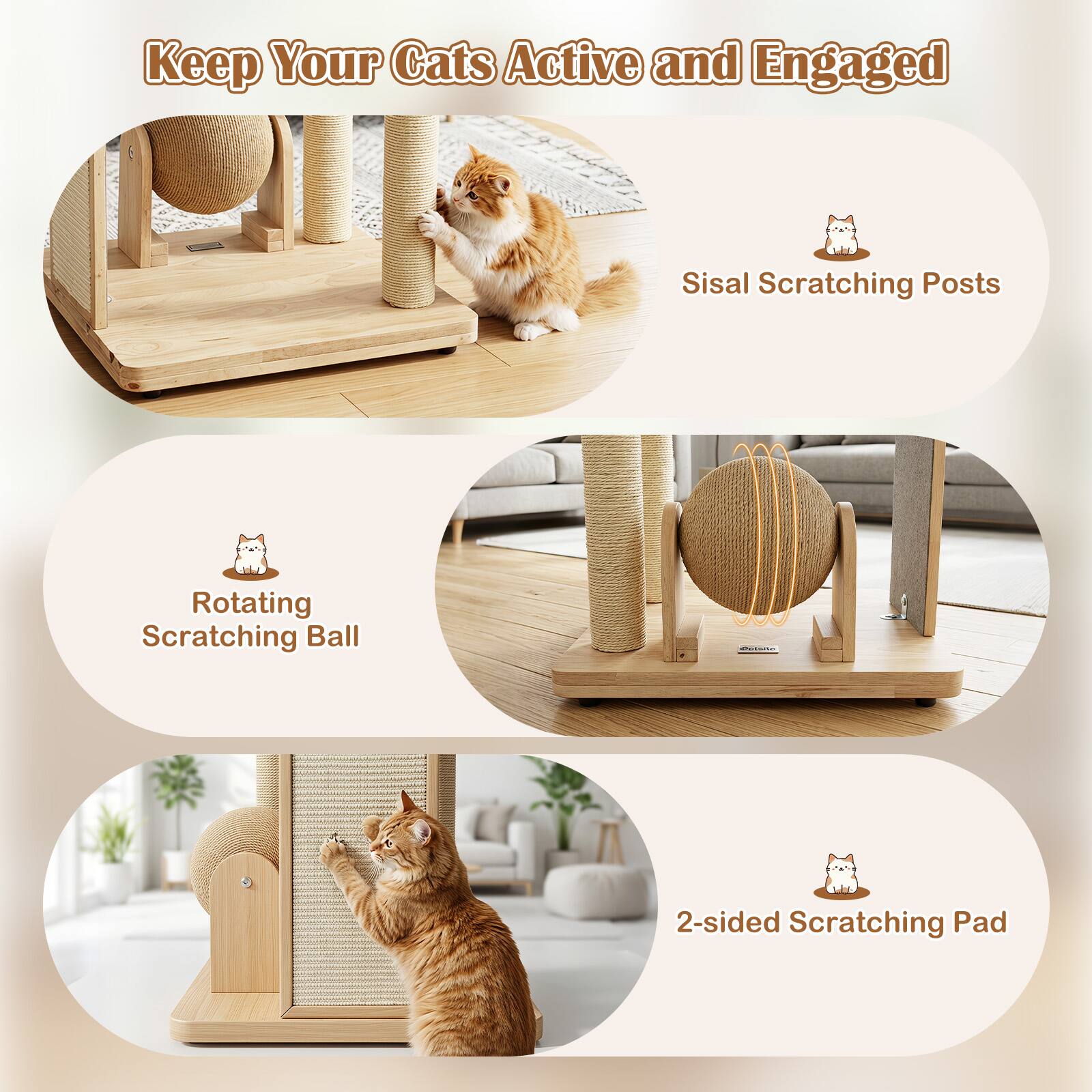 Keep Your Cats Active and Engaged

- Sisal Scratching Posts
- Rotating Scratching Ball
- 2-sided Scratching Pad