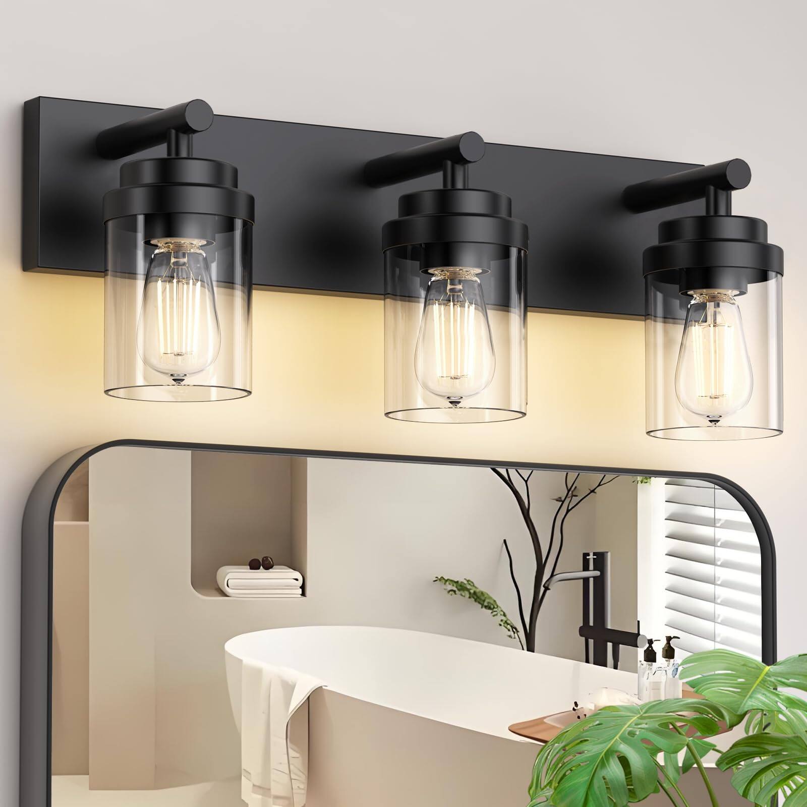 Front. Comfort Essence - Bathroom Vanity Light Fixture Inch Matte Fixtures Over Mirror With Clear Glass Shade Modern Farmhouse Light - Black - Clear Glass Shade 3-Light.
