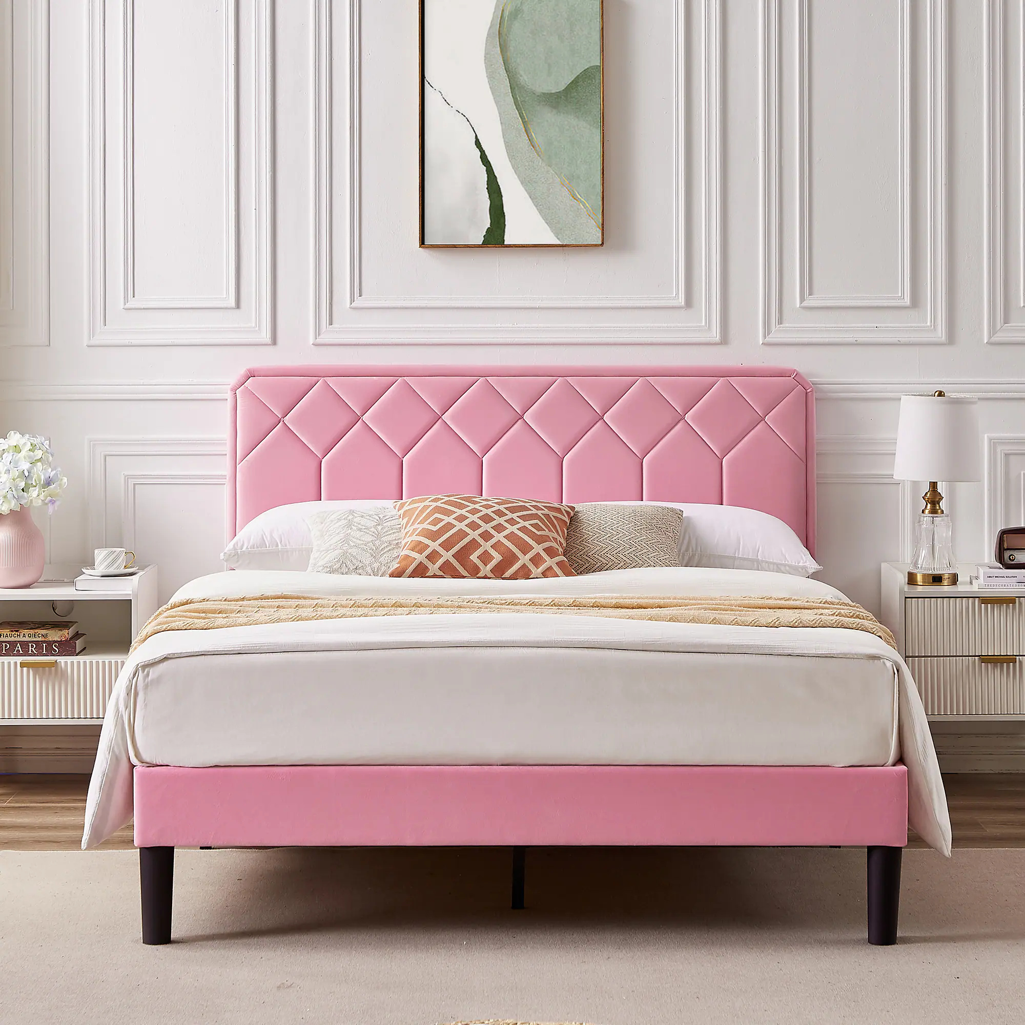 Vecelo - Queen Size Upholstered Bed With Adjustable Headboard And Underbed Storage - Metal Platform Bed,Quiet Design - Pink