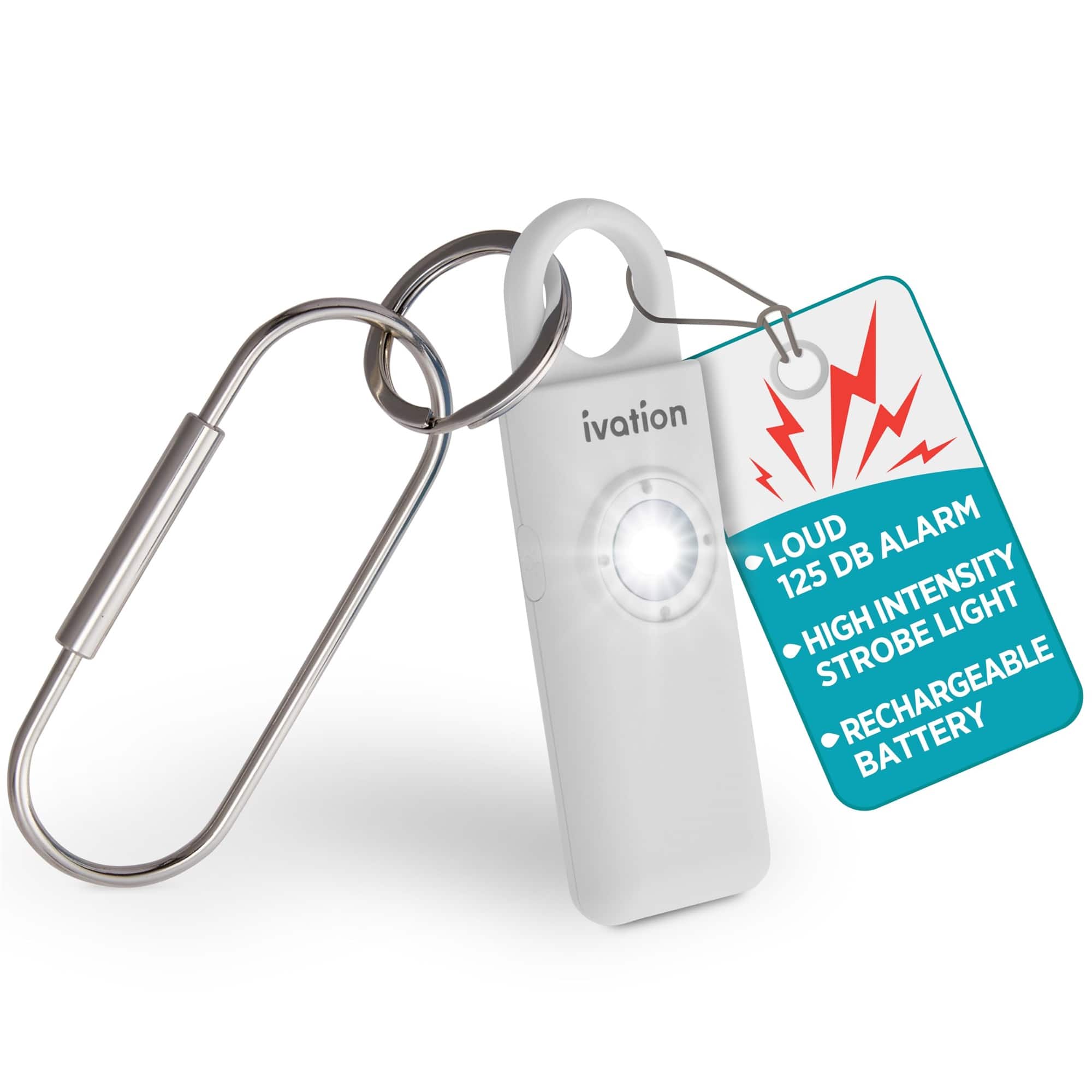 Ivation - Personal SOS Keychain Alarm, 130 dB Rechargeable Personal Alarm w/LED Strobe Light - White