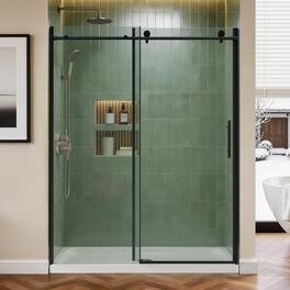 Koligey - 56-60"W x 76"H Semi-Frameless Sliding Shower Door-10mmTempered Glass|Stainless SteelAnti-Rust Hardware - Black