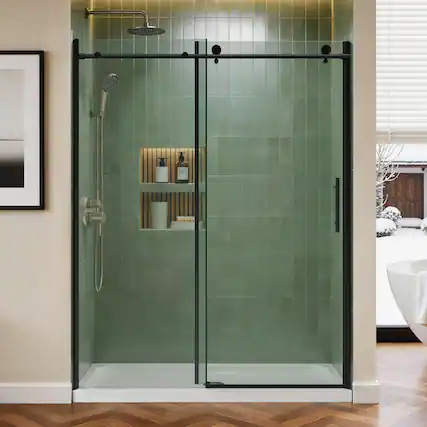Front. Koligey - 56-60"W x 76"H Semi-Frameless Sliding Shower Door-10mmTempered Glass|Stainless SteelAnti-Rust Hardware - black.