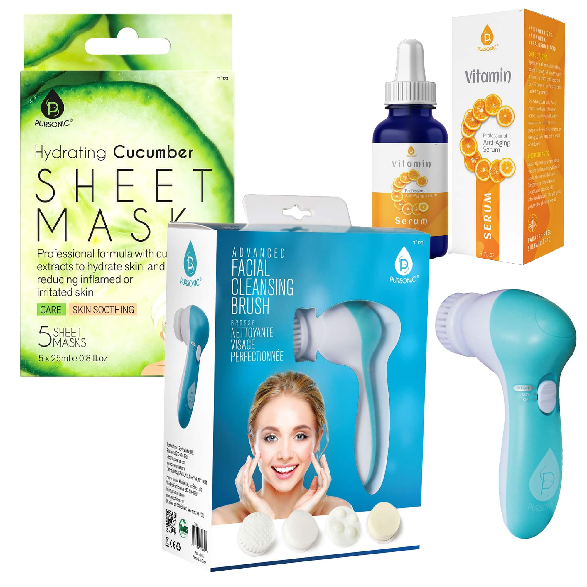 Pursonic - Ultimate Skincare Gift Bundle: Hydrating Cucumber Sheet Masks, Advanced Facial Cleansing Brush, Vitamin C Serum - Multicolor price history on PriceWatchPro