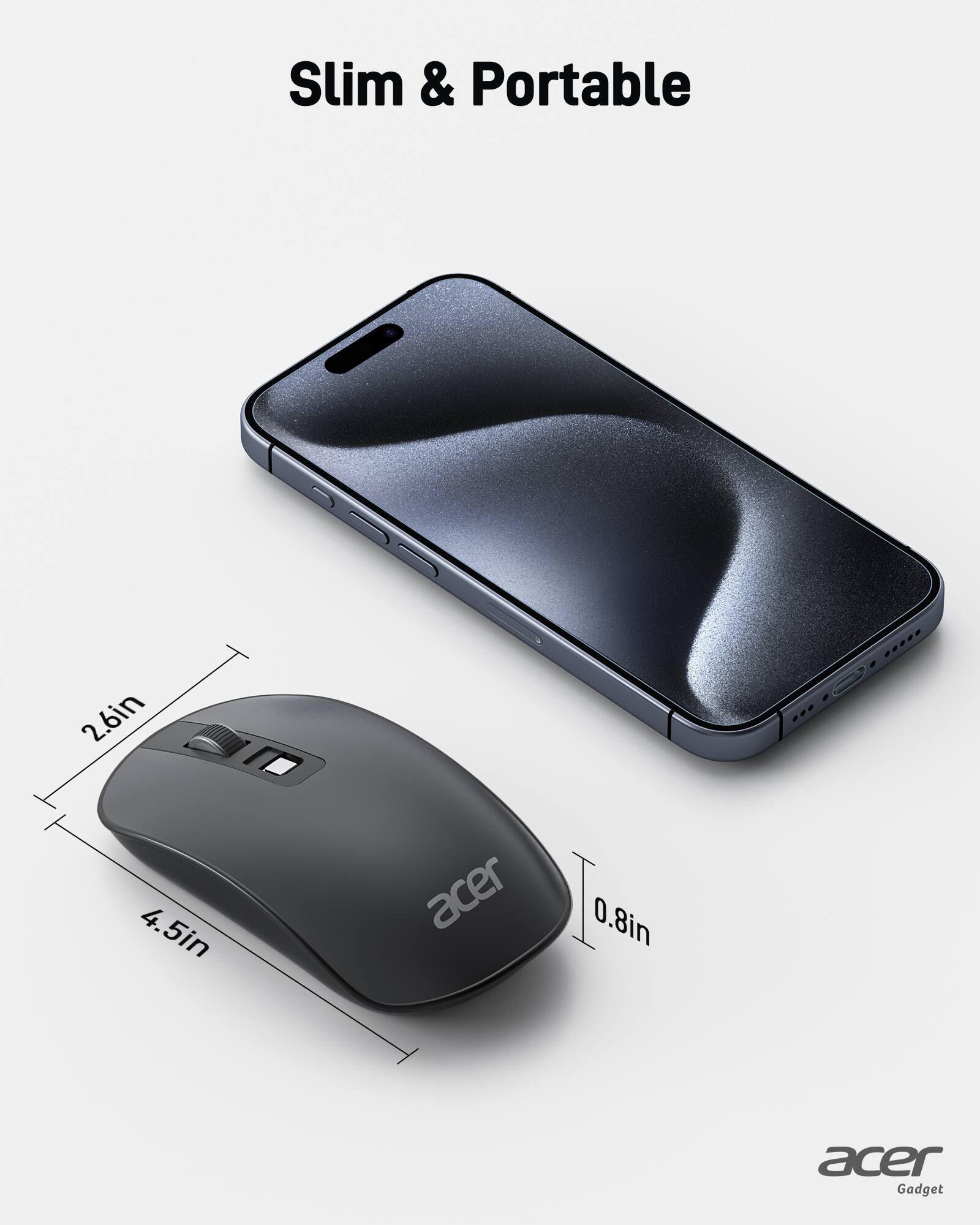 The corrected text is: "Slim & Portable 2.6in x 4.5in x 0.8in Acer Gadget."