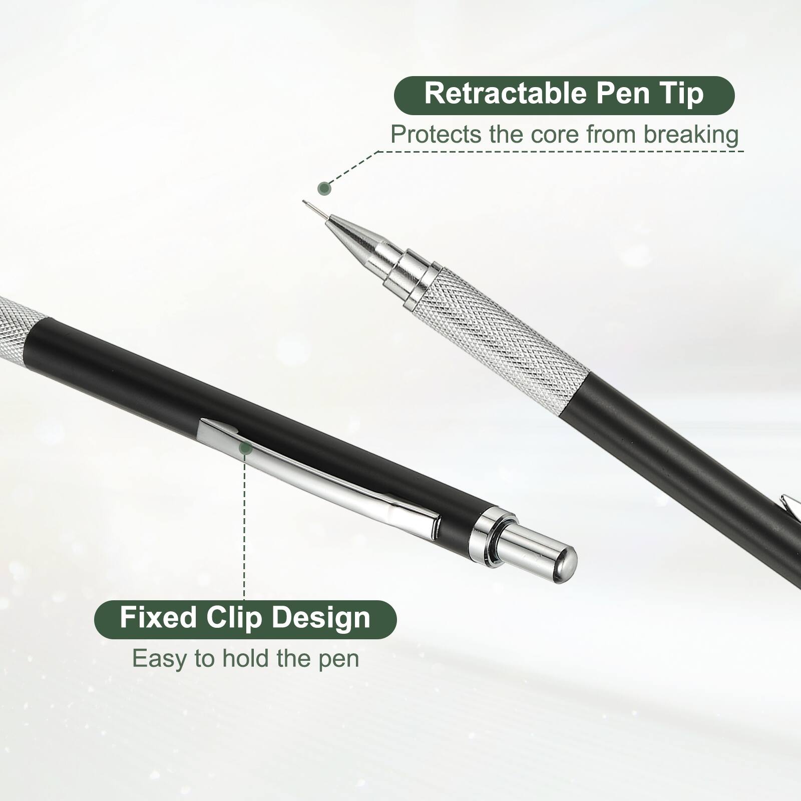 Retractable Pen Tip  
Protects the core from breaking  

Fixed Clip Design  
Easy to hold the pen