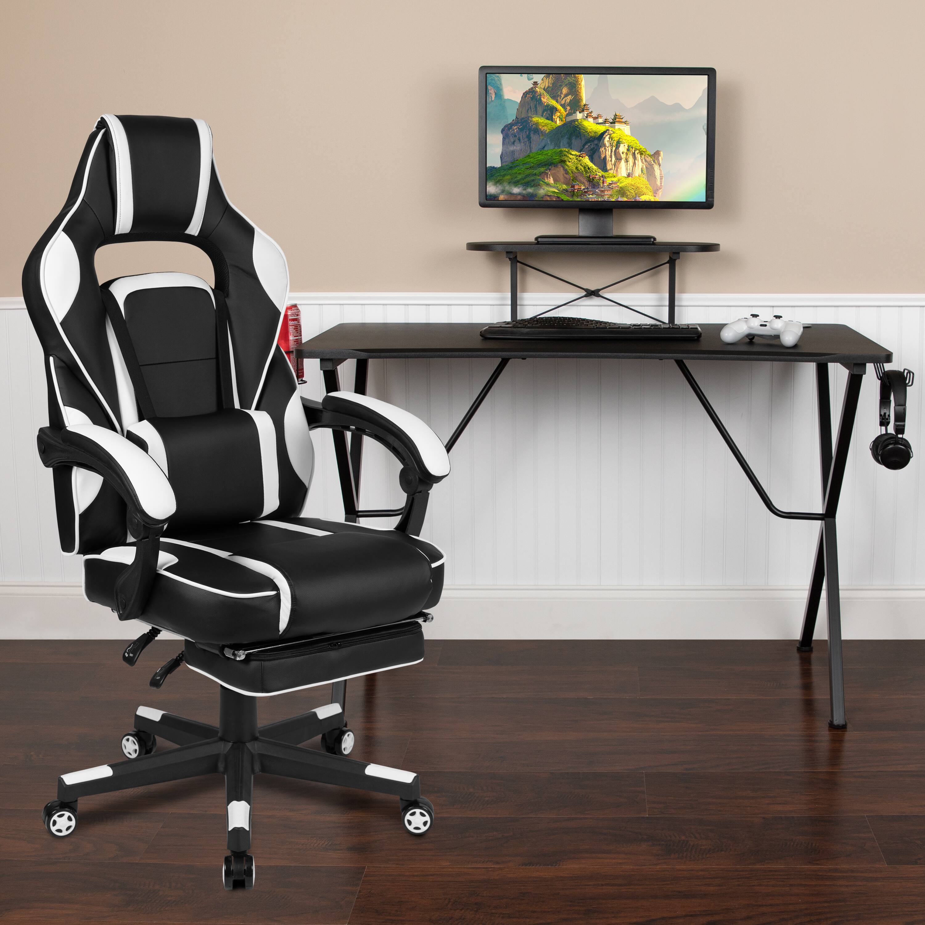 Alt View 1. Emma + Oliver - Gaming Bundle-Cup/Headphone Desk & Reclining Footrest Chair - White.