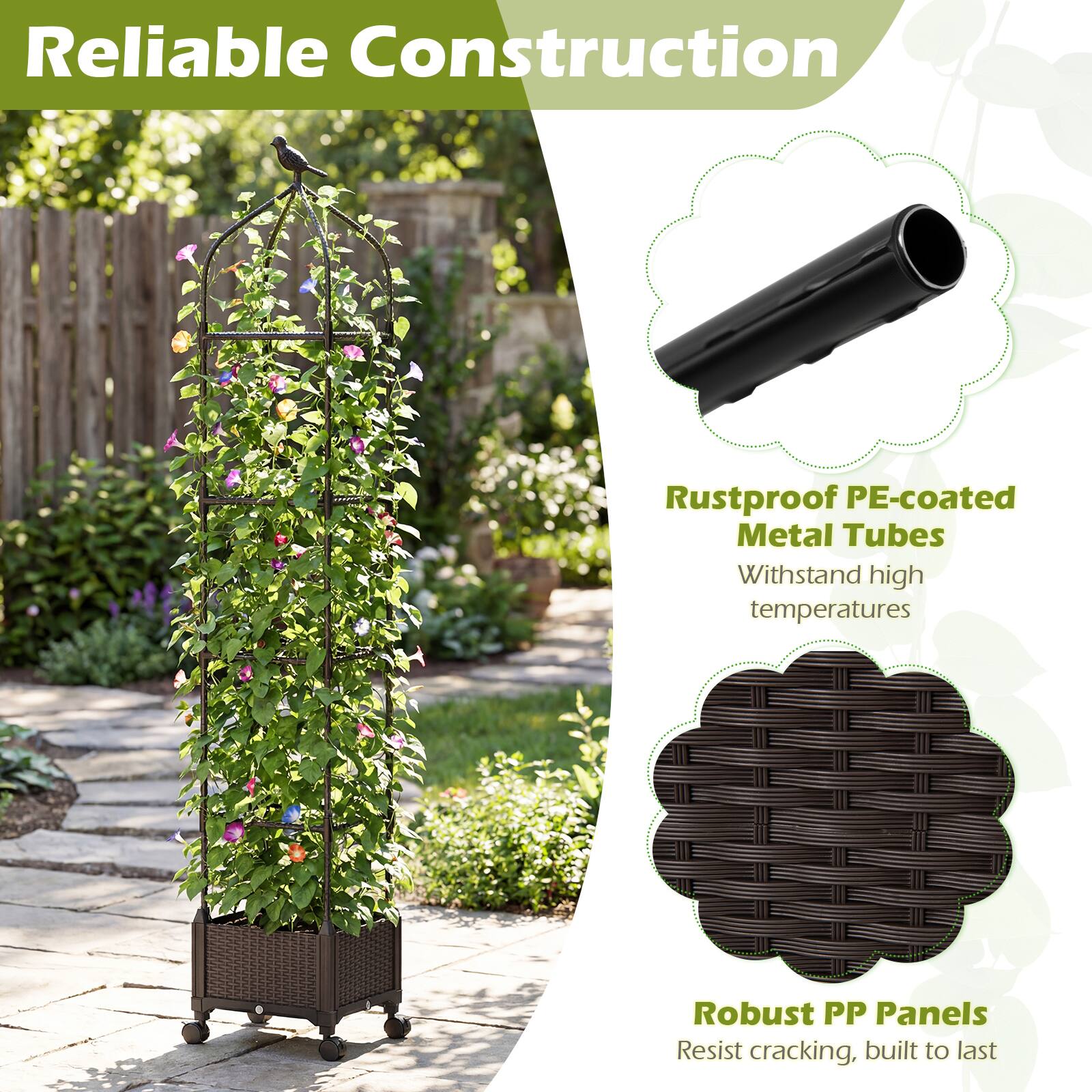Reliable Construction

Rustproof PE-coated Metal Tubes  
Withstand high temperatures

Robust PP Panels  
Resist cracking, built to last