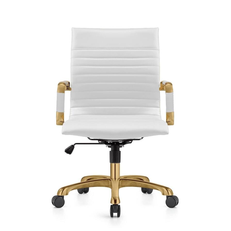 Back. LeisureMod - Harris Mid-Back Office Chair, Leather Upholstery with Gold Metal Frame Modern Armless Desk Chair for Conference Seating - White.