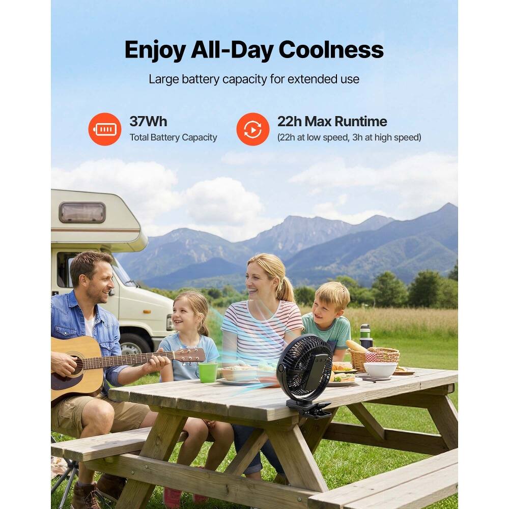 Enjoy All-Day Coolness  
Large battery capacity for extended use  
37Wh Total Battery Capacity  
22h Max Runtime (22h at low speed, 3h at high speed)