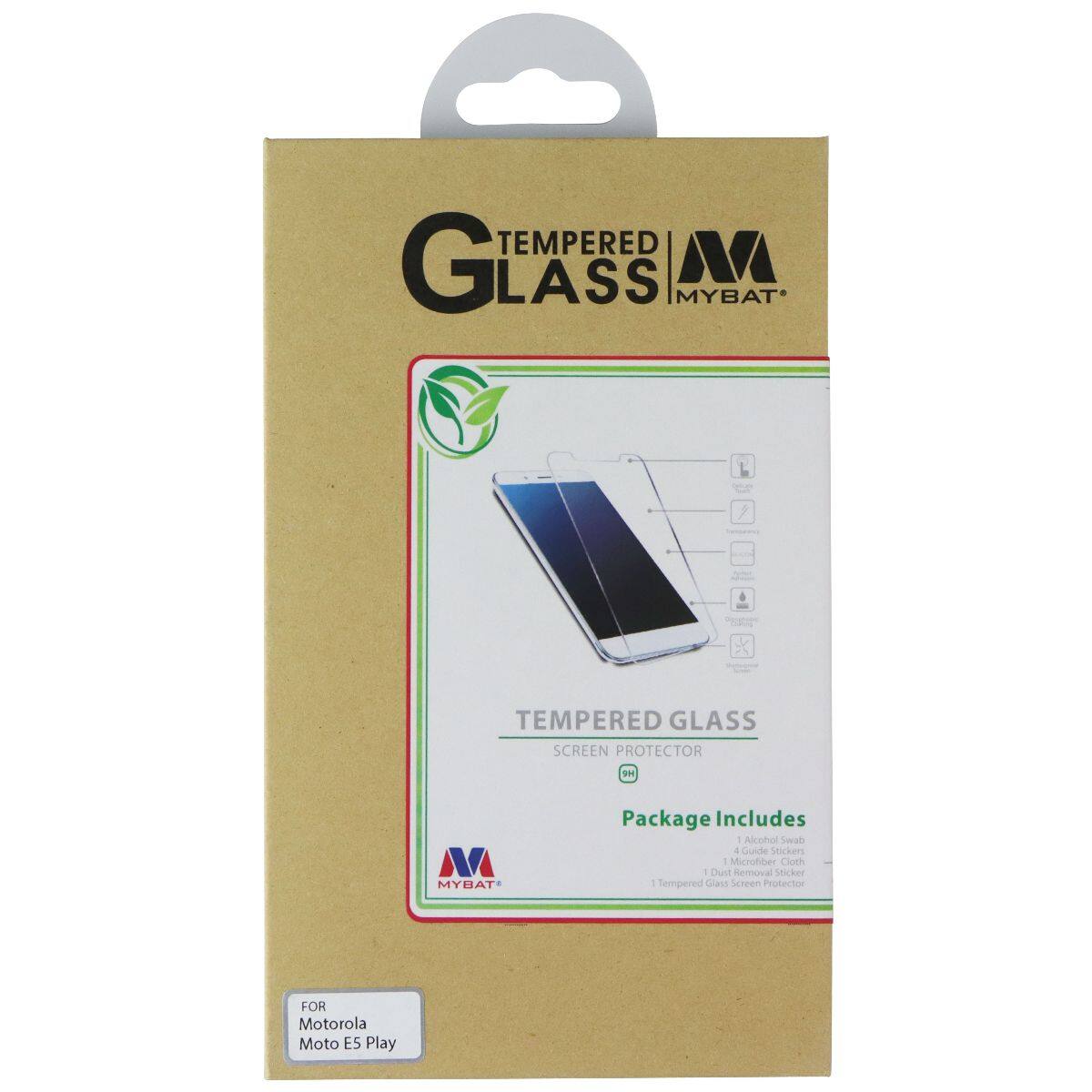 Tempered Glass Screen Protector by MYBAT

Package Includes:
- Alcohol Swab
- Microfiber Cloth
- Dust Removal Sticker
- Tempered Glass Screen Protector

For Motorola Moto E5 Play
