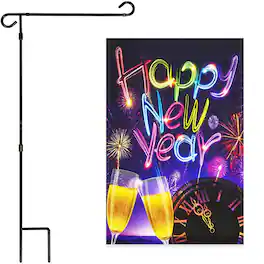 G128 - Combo Pack: 36x16 in Garden Flag Stand with 12x18 in 'Happy New Year Fireworks and Champagne' Garden Flag - Assorted Colors