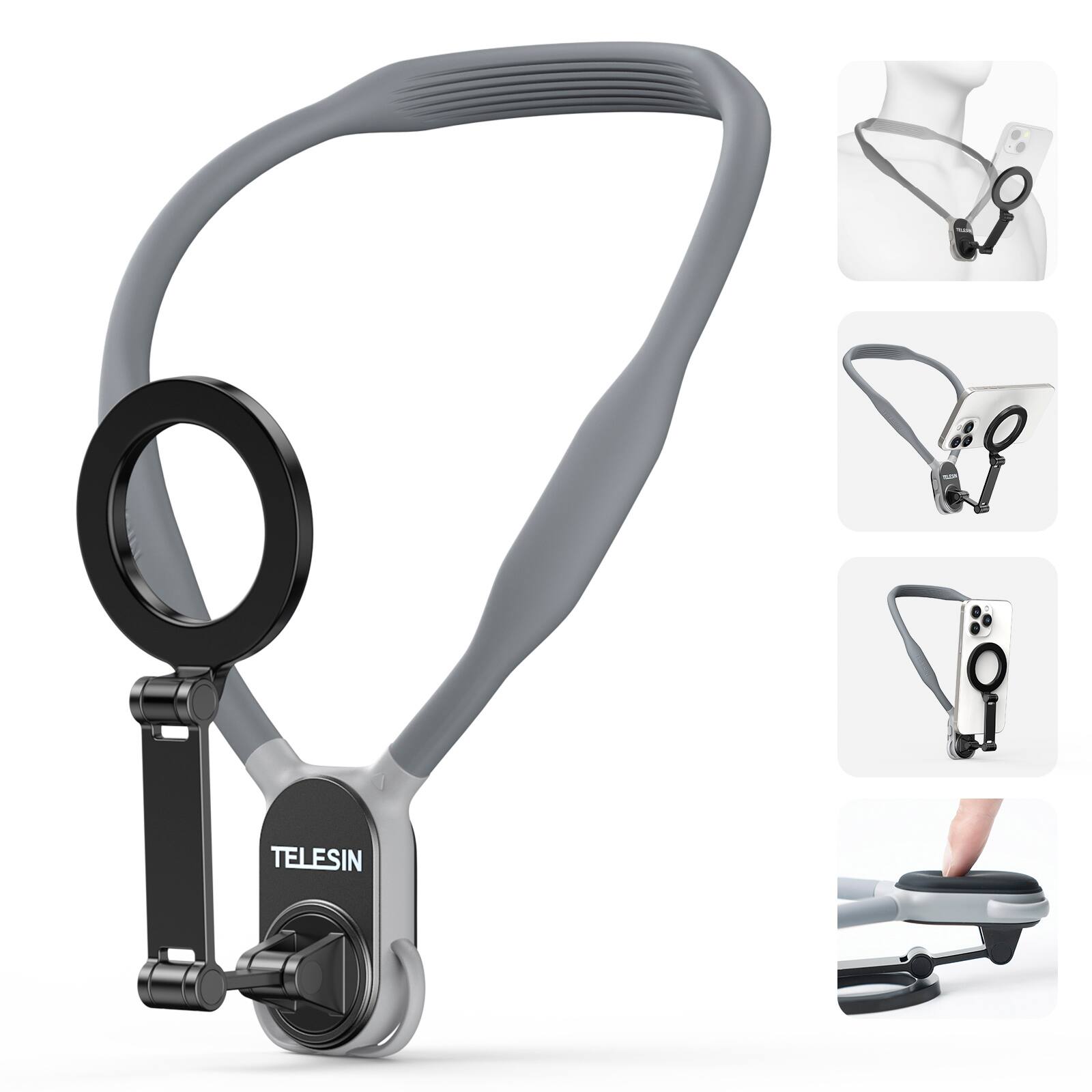 Left. Topteng - Magsafe Magnetic Neck Halter for iPhone-Quick Release&Air Cushion Shock Absorption,Hands-Free for Vlogging/Sports/Travel - Gray.