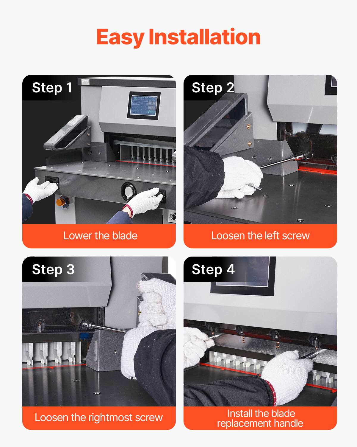 Easy Installation

Step 1: Lower the blade

Step 2: Loosen the left screw

Step 3: Loosen the rightmost screw

Step 4: Install the blade replacement handle