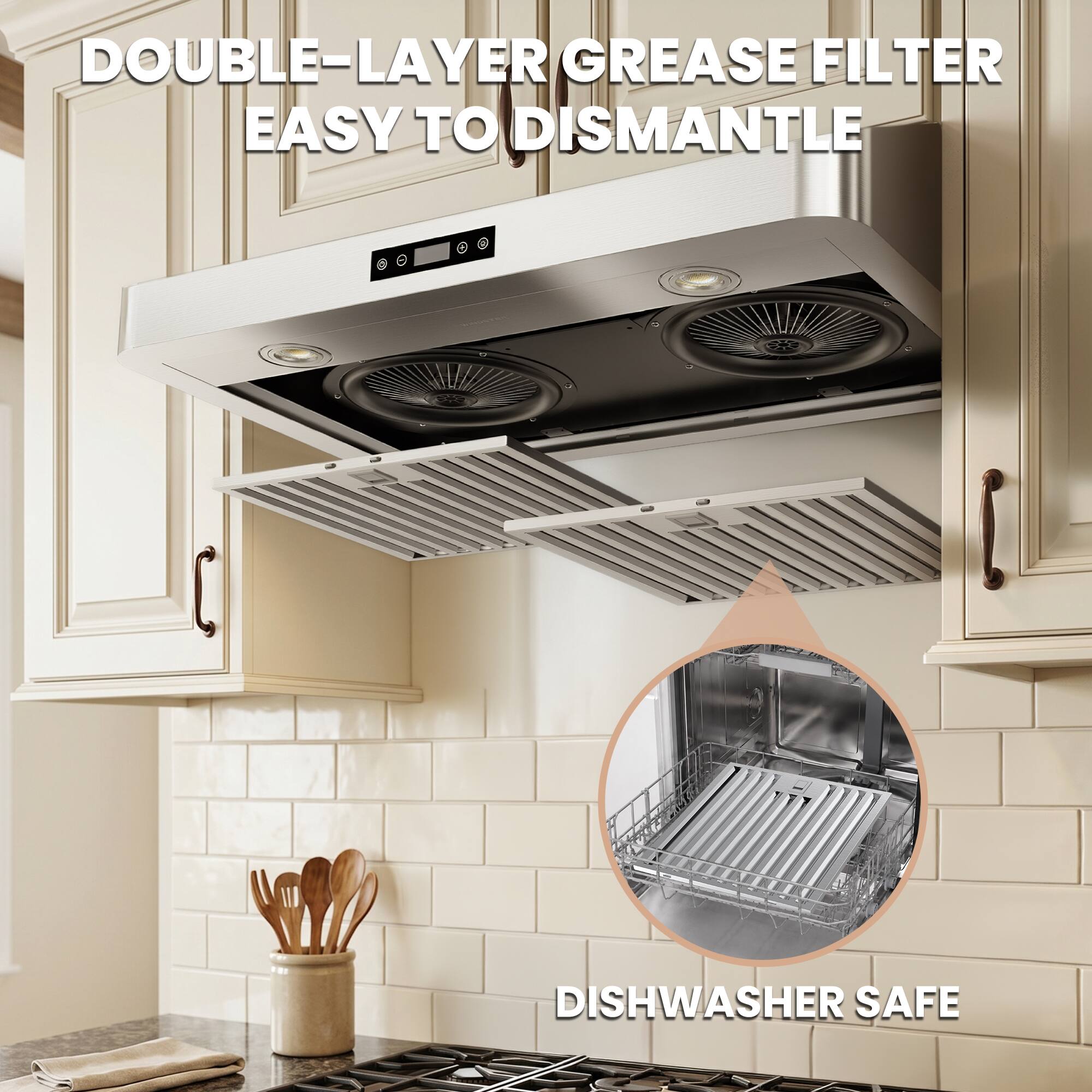 DOUBLE-LAYER GREASE FILTER  
EASY TO DISMANTLE  
DISHWASHER SAFE
