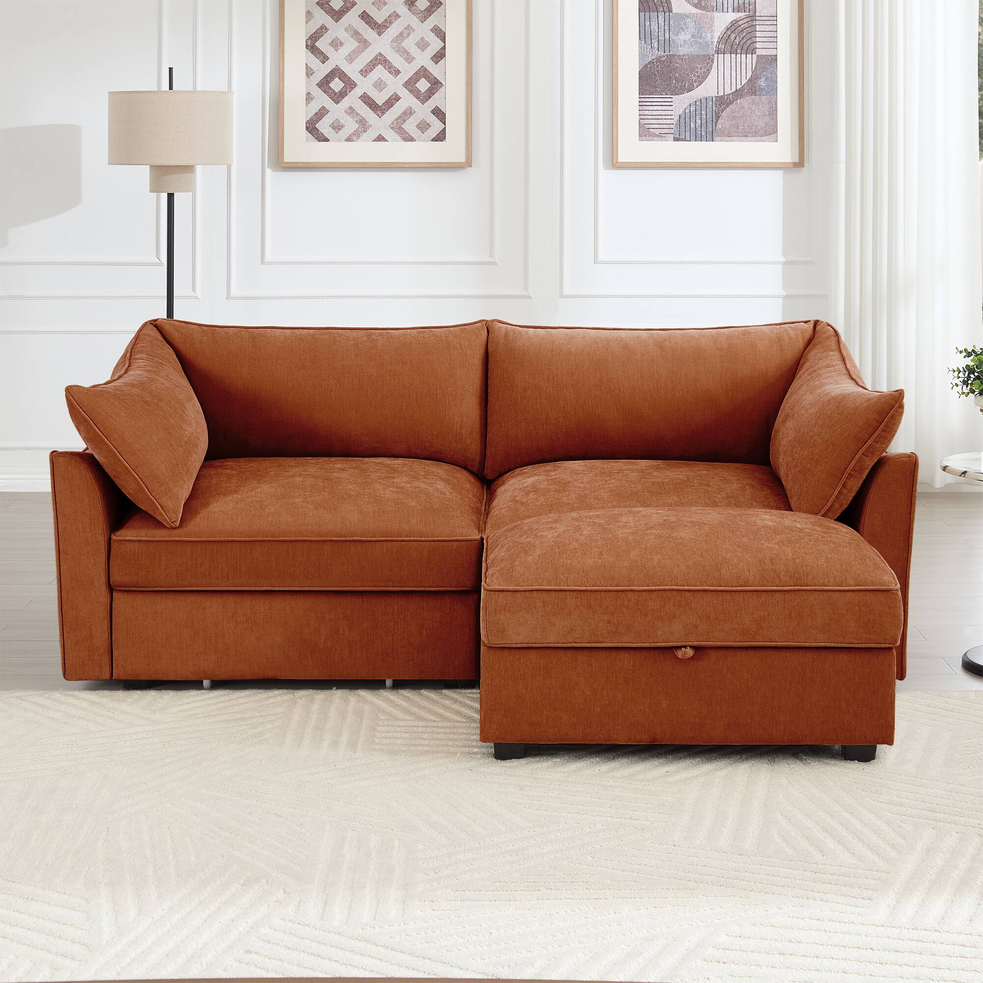 Front. Aukfa - 2-Seater Sofa with Storage Footstool - Crescent-Shaped Armrests, Chenille Fabric, Wraparound Cushions - Orange.