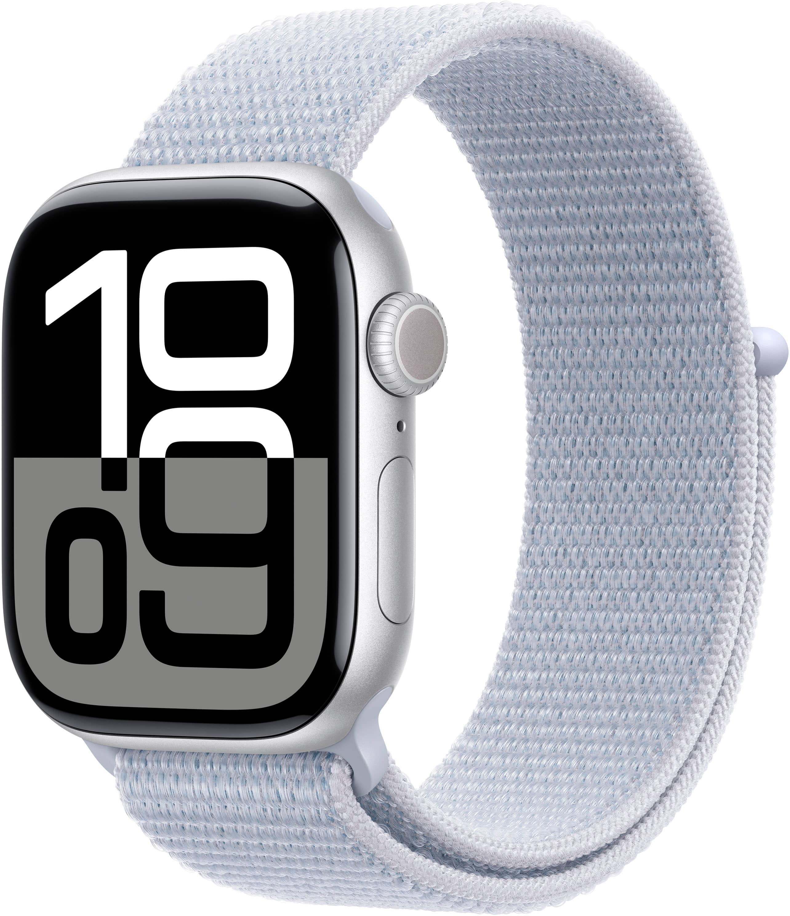 Angle. Apple - Apple Watch Series 10 (GPS+Cellular) 42mm Aluminum Case with Blue Cloud Sport Loop - Silver.