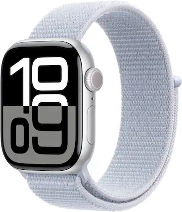 Angle. Apple - Apple Watch Series 10 (GPS+Cellular) 42mm Aluminum Case with Blue Cloud Sport Loop - Silver.
