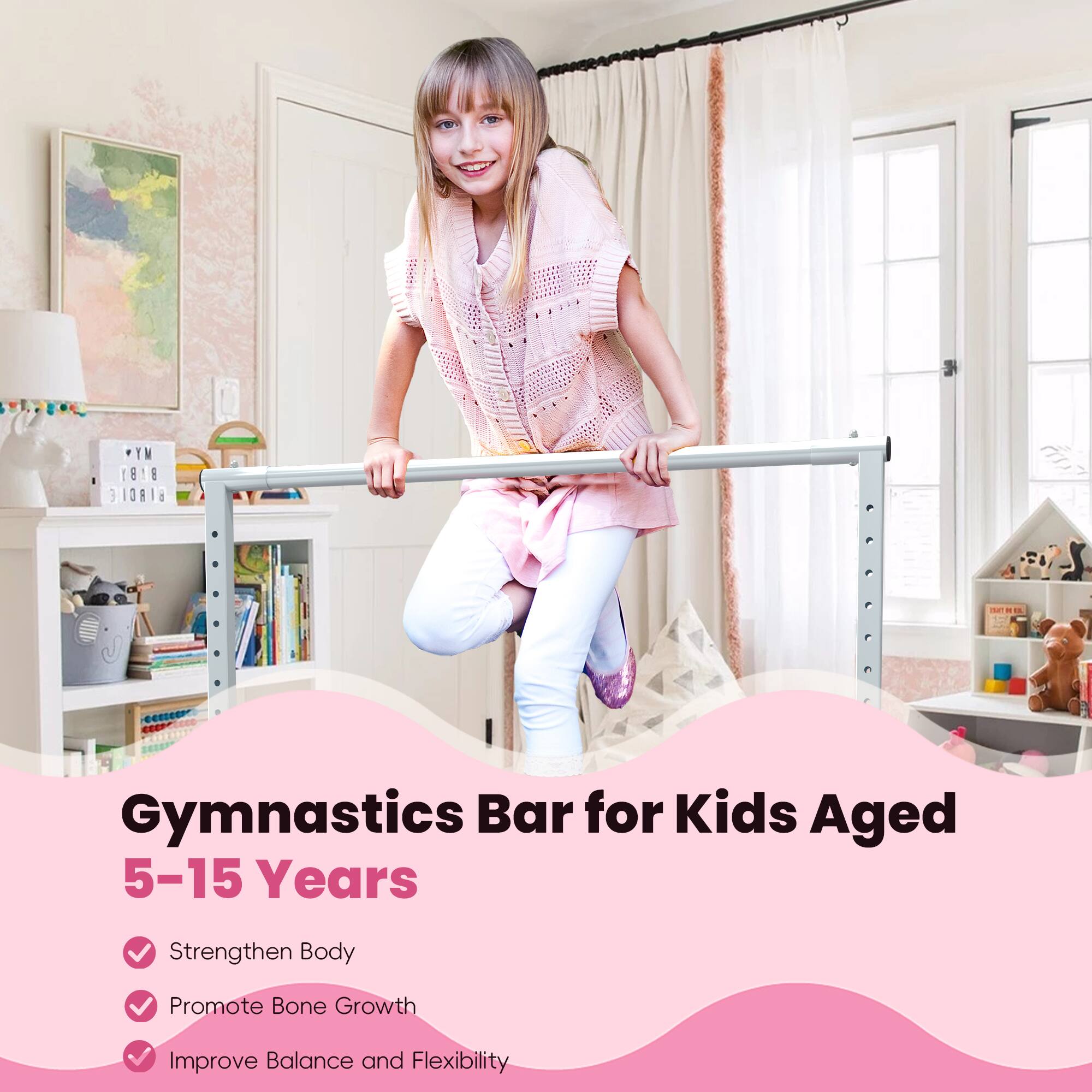 Ainfox Gymnastics Bar for Kids Adjustable Height with Pull Rings ...