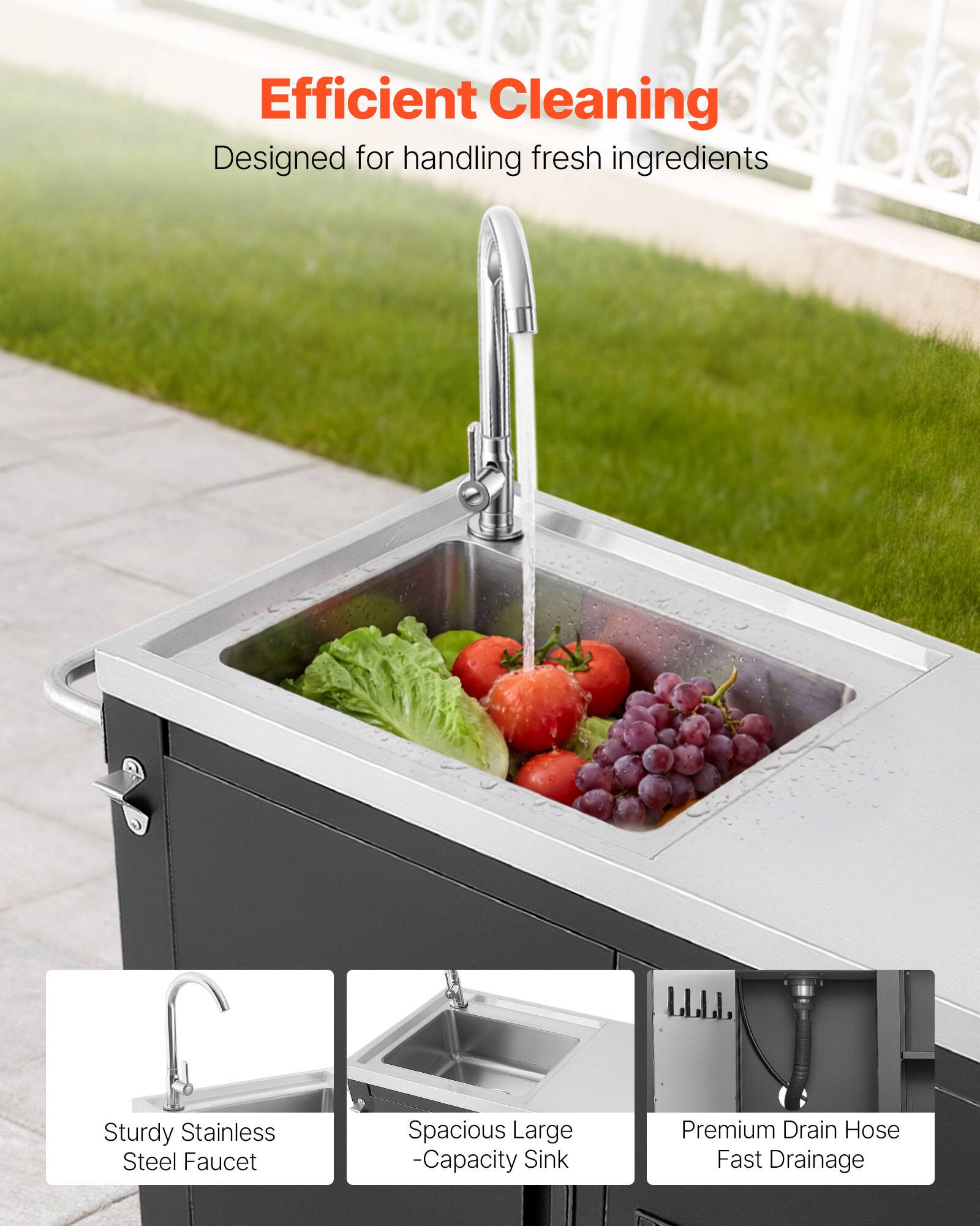 Efficient Cleaning  
Designed for handling fresh ingredients  

Sturdy Stainless Steel Faucet  
Spacious Large-Capacity Sink  
Premium Drain Hose Fast Drainage