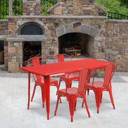 Emma + Oliver - Commercial Grade Rectangular Metal Indoor-Outdoor Table Set with 4 Stack Chairs - Red