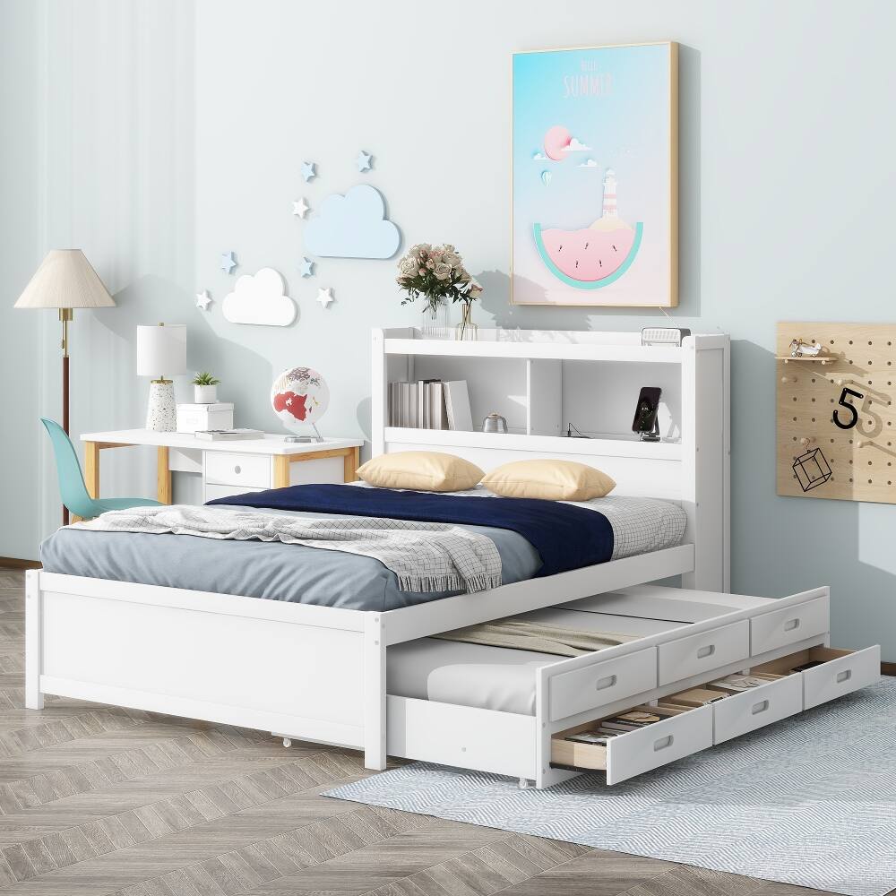 Angle. Loheer - Loheer Full Size Platform Bed with Trundle, Storage Drawers and USB Ports, White Captains Bed with Bookcase Headboard - White.