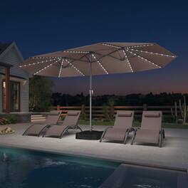 PURPLE LEAF - 15 ft. Patio Market Umbrella with Solar LED and Base Double-Sided Outdoor Table Sun Umbrellas for Pool Deck Backyard - Taupe