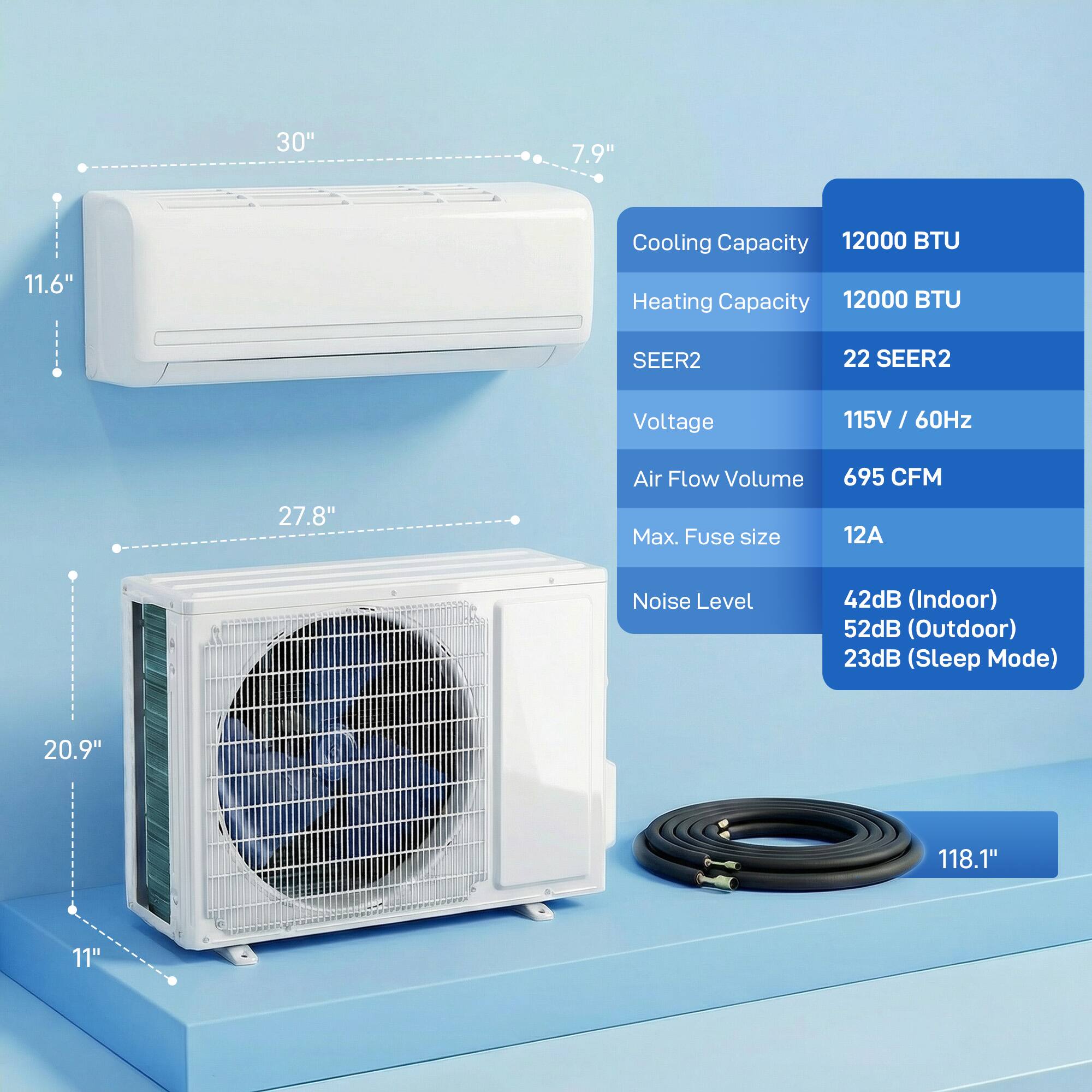 30" 7.9" 11.6" Cooling Capacity 12000 BTU Heating Capacity 12000 BTU SEER2 22 SEER2 Voltage 115V / 60Hz / 27.8" Air Flow Volume Max. Fuse size 695 CFM 12A Noise Level 42dB (Indoor) 52dB (Outdoor) 23dB (Sleep Mode) 20.9" 118.1" 11"