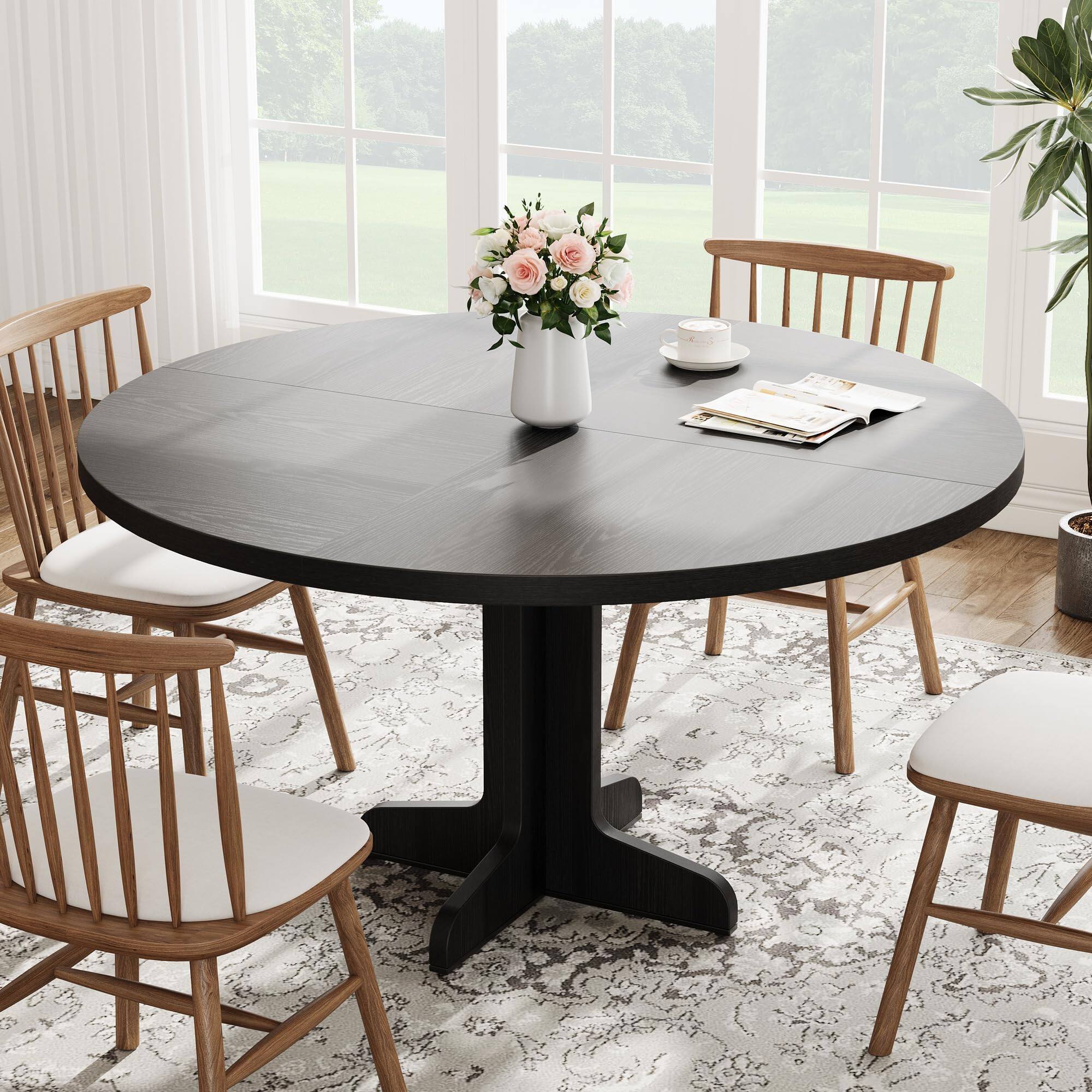 Back. MAGICAL RUBS - Round Dining Table For 4  47 Inches Room With Wooden Base Circle Kitchen Dinner Living (table Only) Black - Brown.