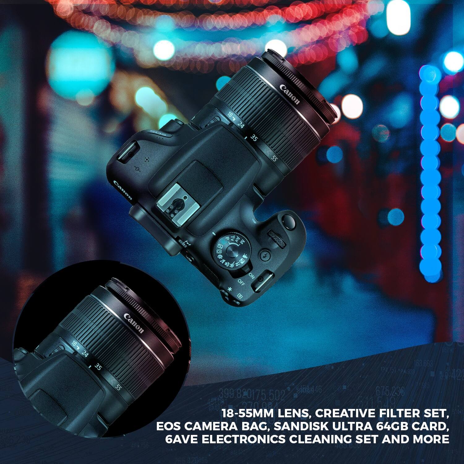 18-55MM LENS, CREATIVE FILTER SET, EOS CAMERA BAG, SANDISK ULTRA 64GB CARD, 6AVE ELECTRONICS CLEANING SET AND MORE