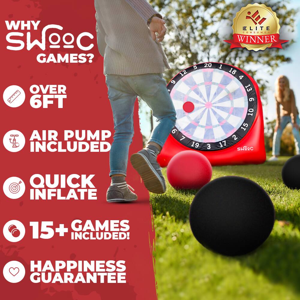 WHY SWOOC GAMES?

- OVER 6FT
- AIR PUMP INCLUDED
- QUICK INFLATE
- 15+ GAMES INCLUDED!
- HAPPINESS GUARANTEE

ELITE CONSUMER WINNER
