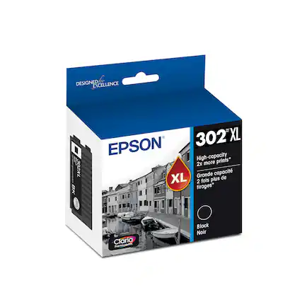 DESIGNED FOR EXCELLENCE
EPSON®
302 XL
High-capacity 2x more prints*
Grande capacité 2 fois plus de tirages*
Black Noir
Claria Premium Ink