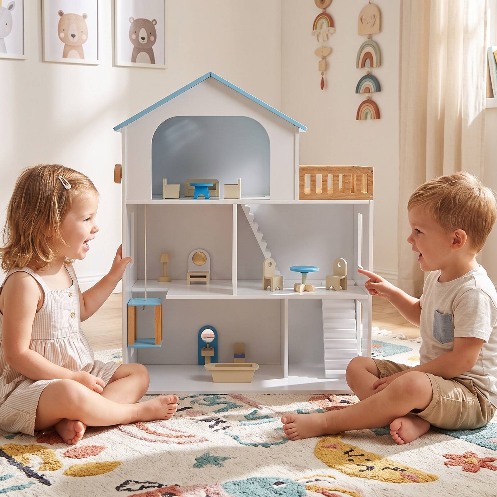 Alt View 3. Costway - Costway 3-Story Doll House with 5 Rooms and Furniture Accessories, Pretend Play Toy - Blue.