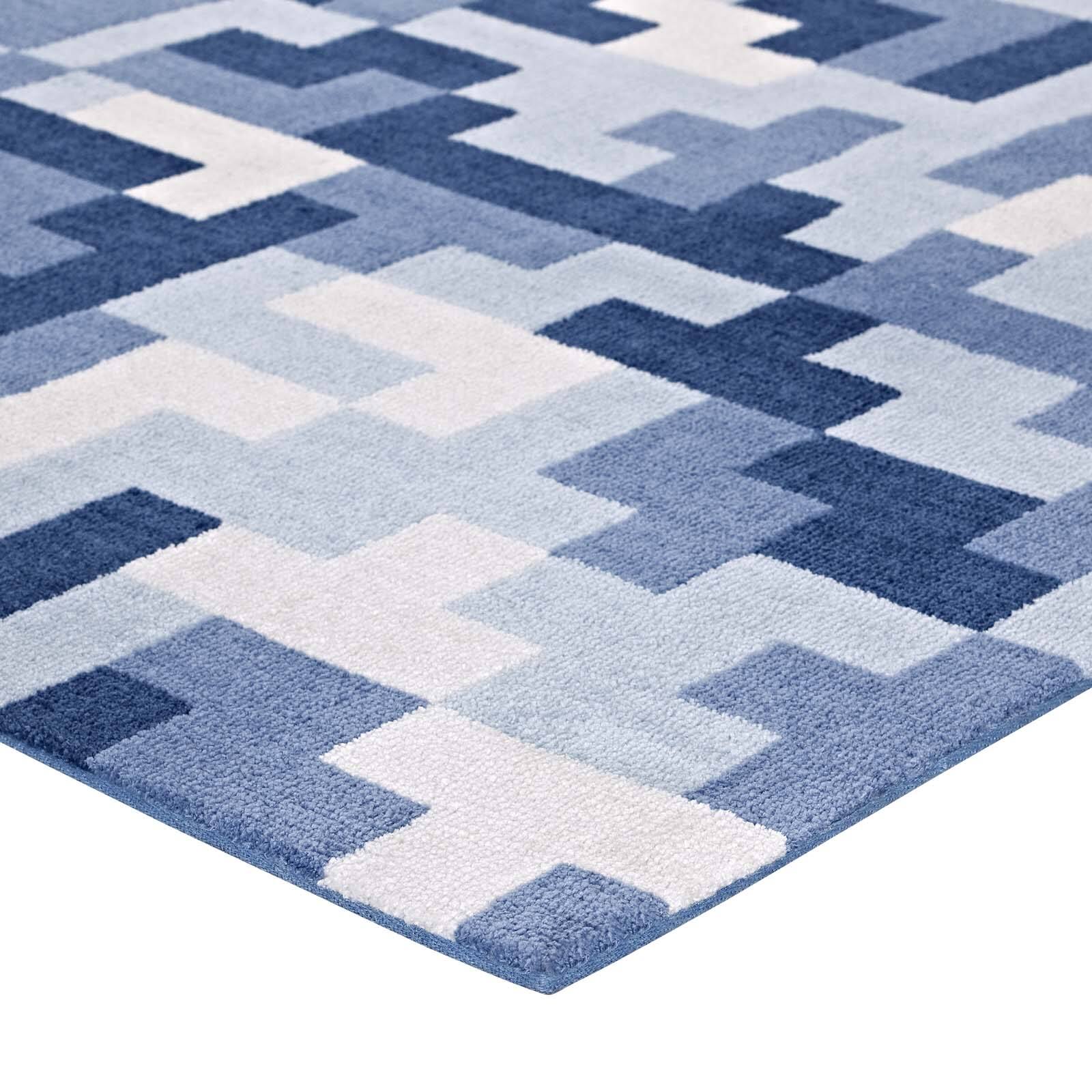 Back. Modway - Andela Interlocking Block Mosaic Area Rug - Multicolored Light and Dark Blue.