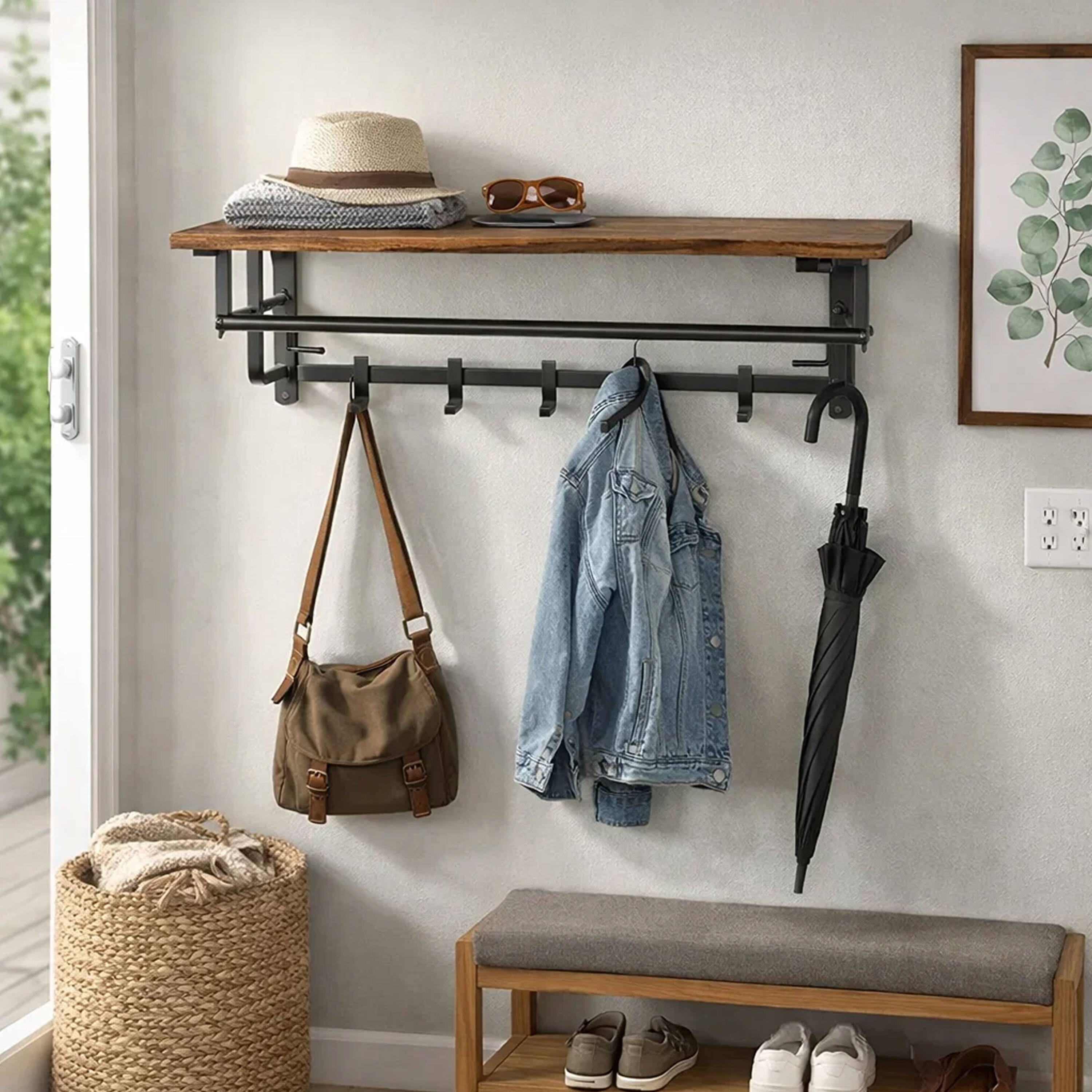 Alt View 9. Manhattan Lane - 26 Inch Industrial Metal Frame Wall Mount Coat Rack, 5 Hooks, 1 Shelf - Brown and Black.