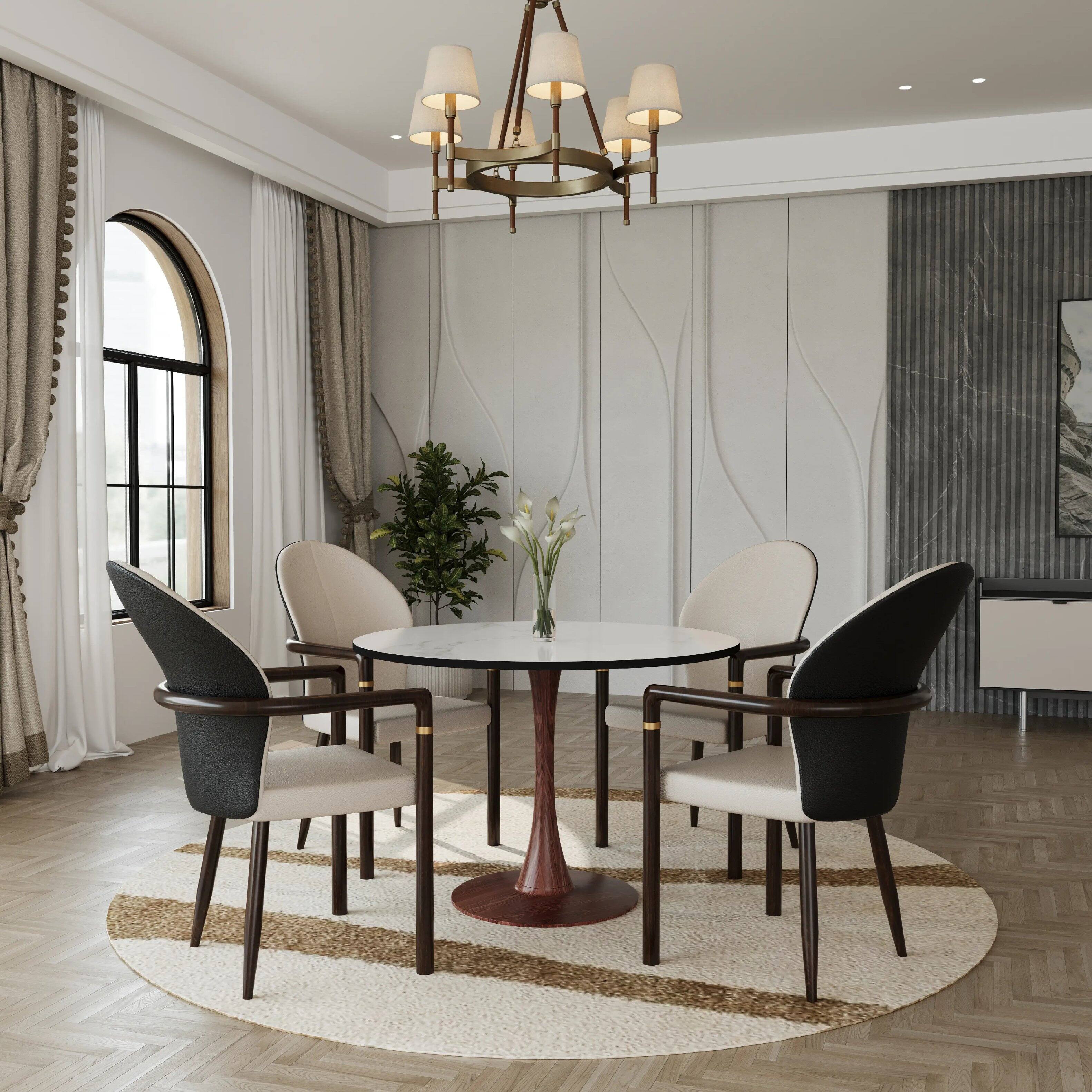 Left. LeisureMod - Bristol Round Dining Table 31 in. MDF Tabletop with Walnut Finish Pedestal Steel Base Modern Accent Kitchen Table - White.