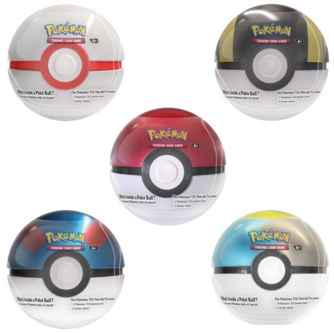 Sure, here is the corrected and grouped text from the image:

---

**POKÉMON TRADING CARD GAME**

**6+**

**¿Quieres una Poké Ball?**

**The Pokémon TCG: Poké Ball Tin**

**1 Pokémon TCG: Poké Ball Tin**

**2 color sheets**

---

This text is repeated for each of the five Poké Ball Tin packages shown in the image.