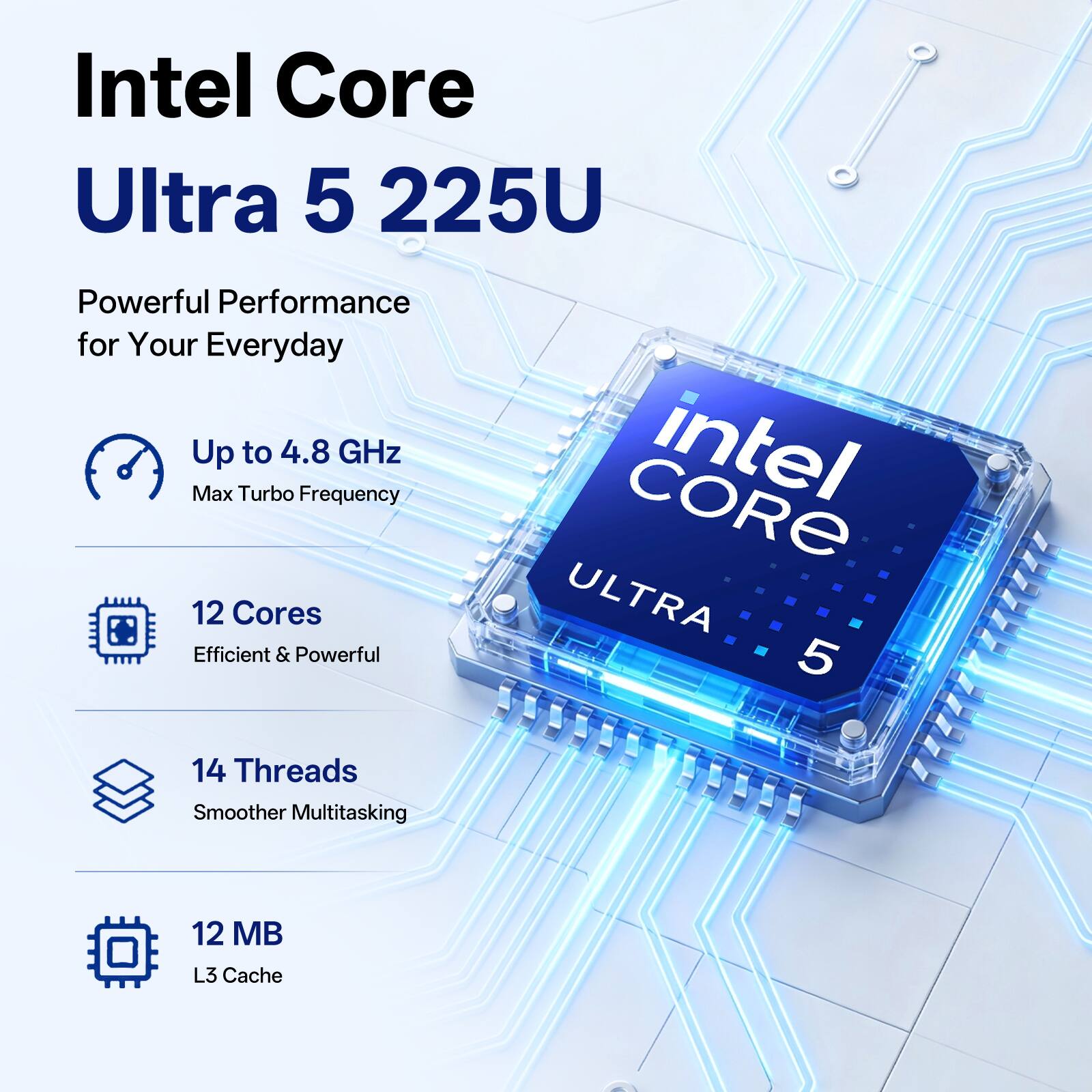 Intel Core Ultra 5 225U  
Powerful Performance for Your Everyday  
Up to 4.8 GHz Max Turbo Frequency  
12 Cores Efficient & Powerful  
14 Threads Smoother Multitasking  
12 MB L3 Cache