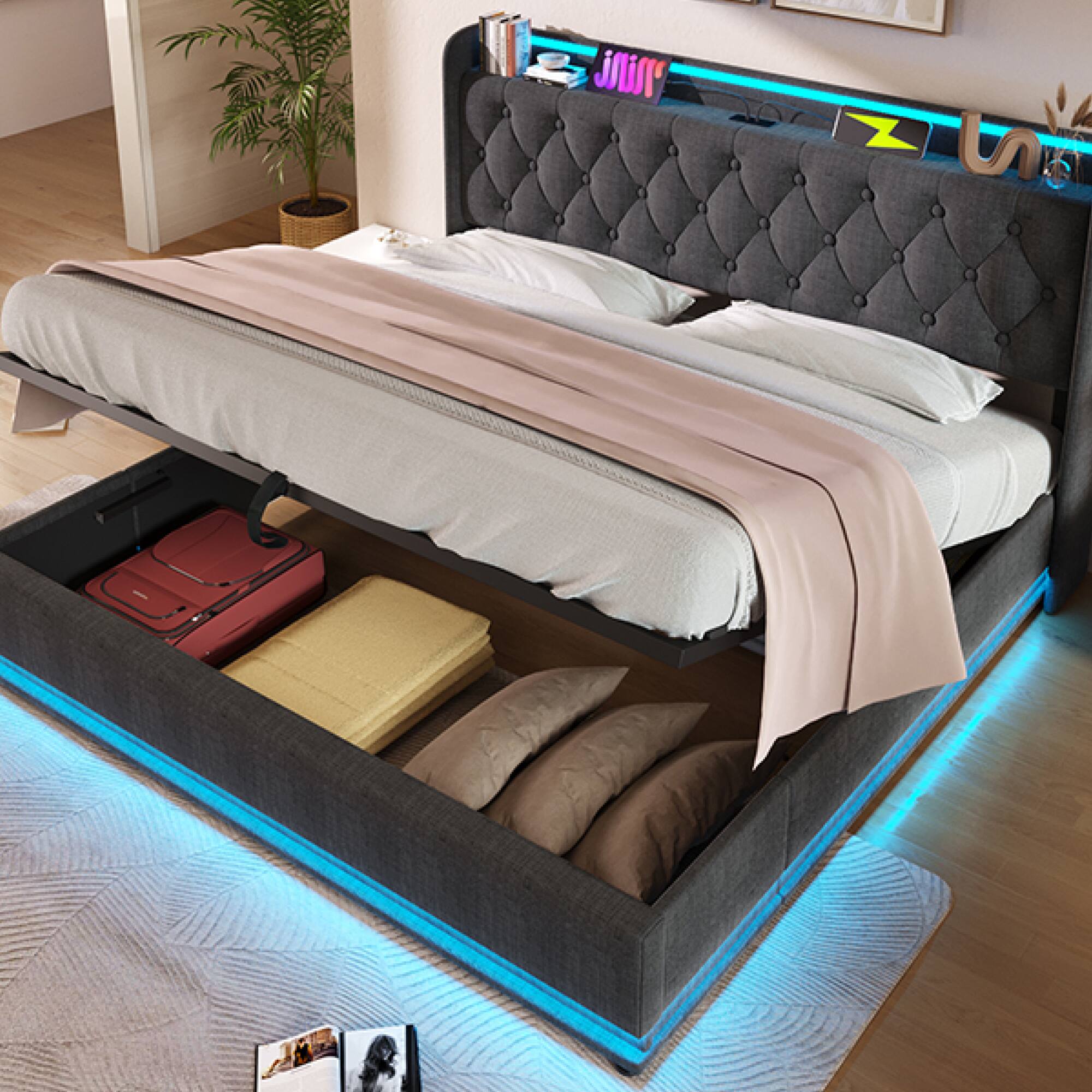 Left. GOODSILO - King Size Upholstered Bed with LED Lighting, Hydraulic Storage, and USB Charging - Gray.