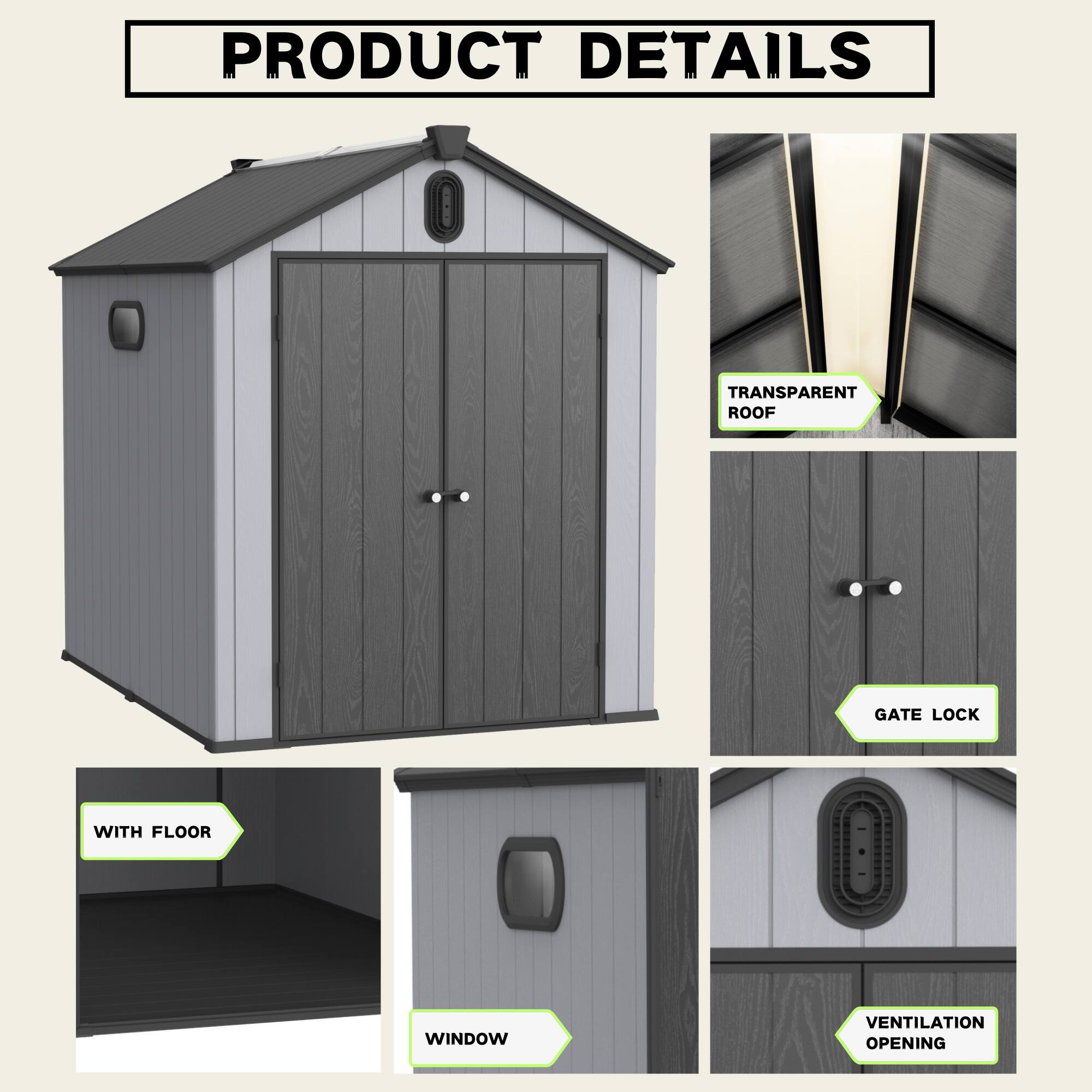 PRODUCT DETAILS

- TRANSPARENT ROOF
- GATE LOCK
- WITH FLOOR
- WINDOW
- VENTILATION OPENING