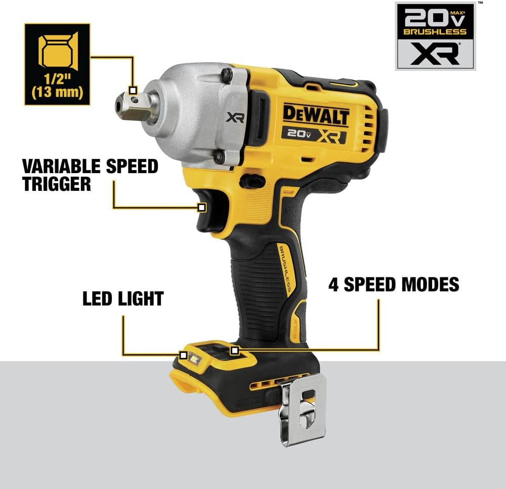 1/2" (13 mm) VARIABLE SPEED TRIGGER XR DEWALT 20v MAX BRUSHLESS XR LED LIGHT 4 SPEED MODES