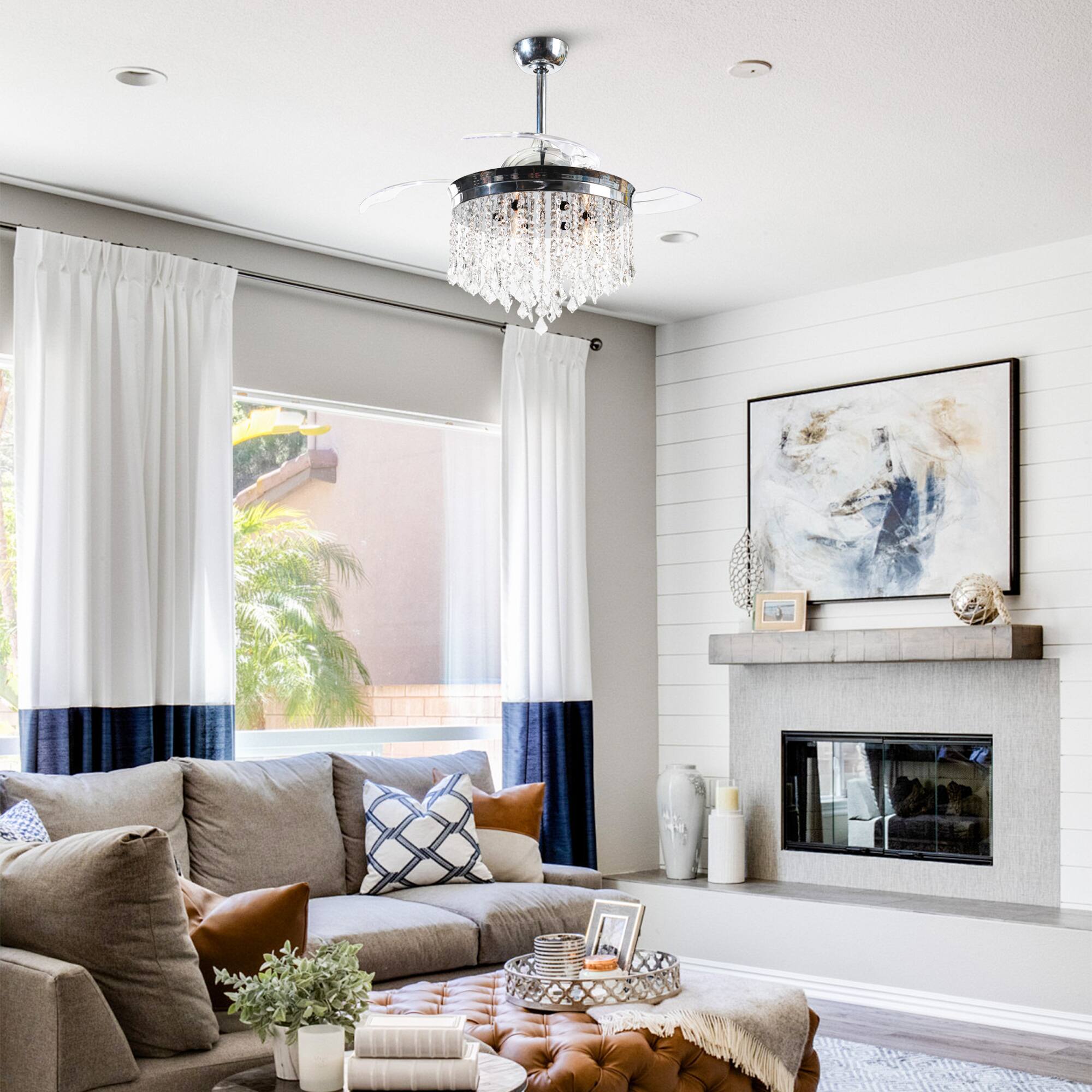 Alt View 1. Parrot Uncle - 42" Modern Chrome Crystal Ceiling Fan Chandelier with Remote - Chrome.