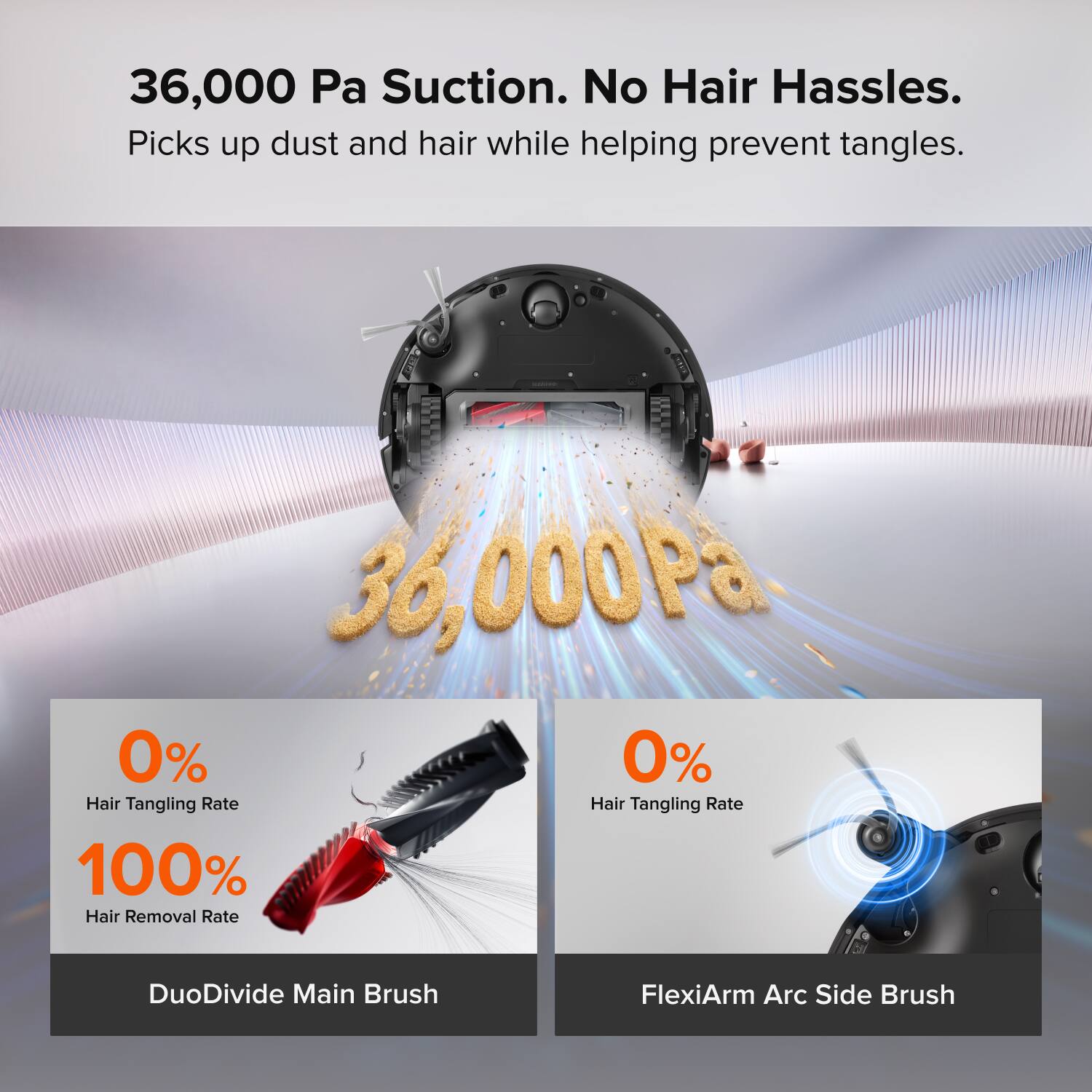 36,000 Pa Suction. No Hair Hassles. Picks up dust and hair while helping prevent tangles.

36,000 Pa

0% Hair Tangling Rate
100% Hair Removal Rate

DuoDivide Main Brush

0% Hair Tangling Rate

FlexiArm Arc Side Brush