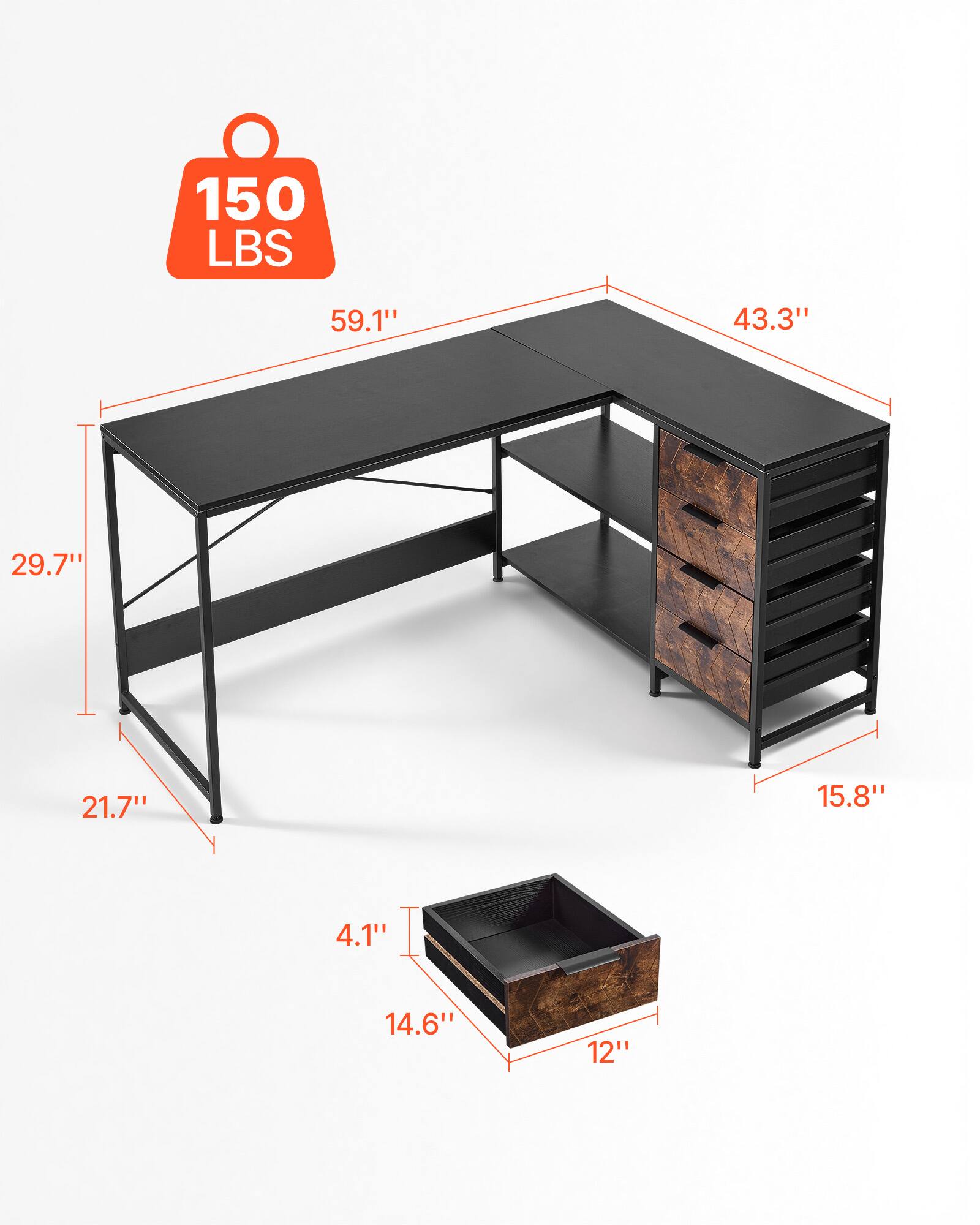 150 LBS  
59.1"  
43.3"  
29.7"  
21.7"  
15.8"  
4.1"  
14.6"  
12"